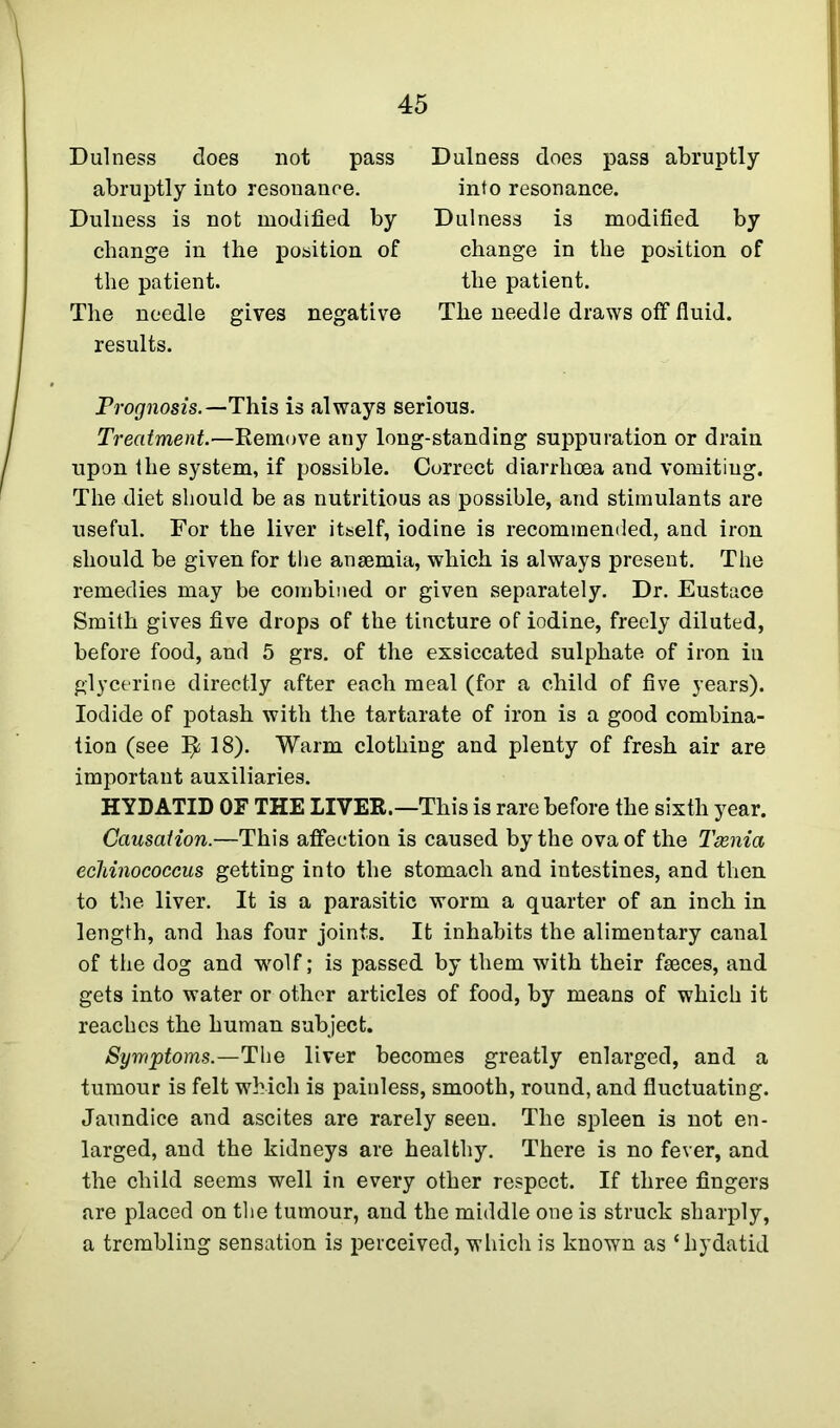 Dulness does not pass abruptly into resonance. Dulness is not modified by change in the position of the patient. The needle gives negative results. Dulness does pass abruptly into resonance. Dulness is modified by change in the position of the patient. The needle draws off fluid. Prognosis.—This is always serious. Treatment.—Remove any long-standing suppuration or drain upon the system, if possible. Correct diarrhoea and vomitiug. The diet should be as nutritious as possible, and stimulants are useful. For the liver itself, iodine is recommended, and iron should be given for the ansemia, which is always present. The remedies may be combined or given separately. Dr. Eustace Smith gives five drops of the tincture of iodine, freely diluted, before food, and 5 grs. of the exsiccated sulphate of iron in glycerine directly after each meal (for a child of five years). Iodide of potash with the tartarate of iron is a good combina- tion (see Ijfc 18). Warm clothing and plenty of fresh air are important auxiliaries. HYDATID OF THE LIVER.—This is rare before the sixth year. Causation.—This affection is caused by the ova of the Taenia echinococcus getting into the stomach and intestines, and then to the liver. It is a parasitic worm a quarter of an inch in length, and has four joints. It inhabits the alimentary canal of the dog and wolf; is passed by them with their faeces, and gets into water or other articles of food, by means of which it reaches the human subject. Symptoms.—The liver becomes greatly enlarged, and a tumour is felt which is painless, smooth, round, and fluctuating. Jaundice and ascites are rarely seen. The spleen is not en- larged, and the kidneys are healthy. There is no fever, and the child seems well in every other respect. If three fingers are placed on the tumour, and the middle one is struck sharply, a trembling sensation is perceived, which is known as ‘hydatid