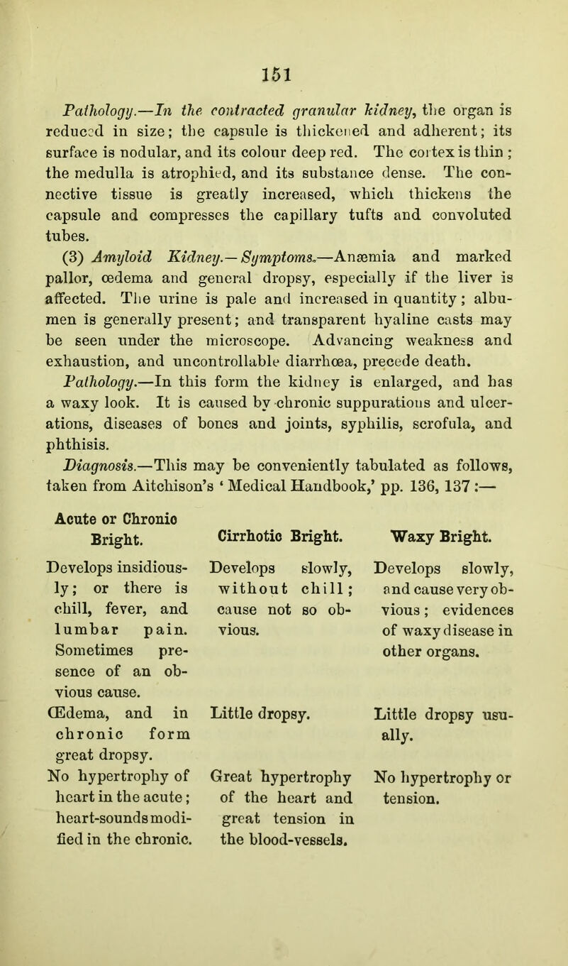 Pathology.—In the contracted granular kidney, the organ is reduced in size; the capsule is thickened and adherent; its surface is nodular, and its colour deep red. The cortex is thin ; the medulla is atrophied, and its substance dense. The con- nective tissue is greatly increased, which thickens the capsule and compresses the capillary tufts and convoluted tubes. (3) Amyloid Kidney.— Symptoms.—Anaemia and marked pallor, oedema and general dropsy, especially if the liver is affected. The urine is pale and increased in quantity; albu- men is generally present; and transparent hyaline casts may be seen under the microscope. Advancing weakness and exhaustion, and uncontrollable diarrhoea, precede death. Pathology.—In this form the kidney is enlarged, and has a waxy look. It is caused by chronic suppurations and ulcer- ations, diseases of bones and joints, syphilis, scrofula, and phthisis. Diagnosis.—This may be conveniently tabulated as follows, taken from Aitchison’s * Medical Handbook,’ pp. 136, 137 :— Acute or Chronio Bright. Develops insidious- ly ; or there is chill, fever, and lumbar pain. Sometimes pre- sence of an ob- vious cause. (Edema, and in chronic form great dropsy. No hypertrophy of heart in the acute; heart-sounds modi- fied in the chronic. Cirrhotic Bright. Develops slowly, without chill; cause not so ob- vious. Little dropsy. Great hypertrophy of the heart and great tension in the blood-vessels. Waxy Bright. Develops slowly, and cause very ob- vious ; evidences of waxy disease in other organs. Little dropsy usu- ally. No hypertrophy or tension.