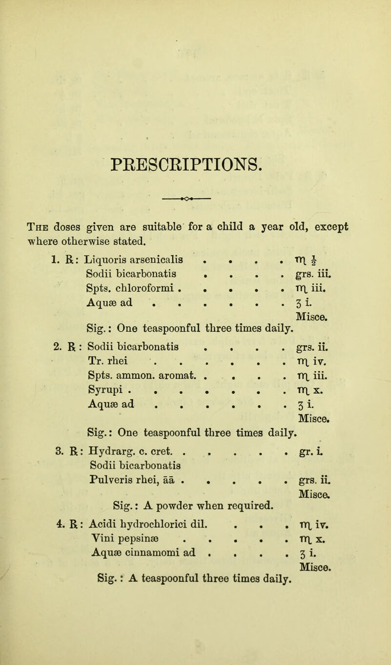PRESCRIPTIONS The doses given are suitable for a child a year old, except where otherwise stated. 1. R: Liquoris arsenicalis • . Sodii bicarbonatis • • . grs. iii. Spts. chloroformi . . • . . tr iii. Aquae ad • . 3i- Misce. Sig.: One teaspoonful three times daily. 2. R : Sodii bicarbonatis • . . grs. ii. Tr. rhei • . TR iv. Spts. ammon. aromat. . • . . TR iii. Syrupi .... Aquae ad . 3 i- Misce. Sig.: One teaspoonful three times daily 3. R: Hydrarg. c. cret. . . . . gr.i Sodii bicarbonatis Pulveris rhei, aa . • . . grs. ii. Misce. Sig.: A powder when required. 4. R: Acidi hydrochlorici dil. . . . TR iv. Yini pepsinae . . TR X. Aquae cinnamomi ad . . • • 3 T* Misce. Sig.: A teaspoonful three times daily.