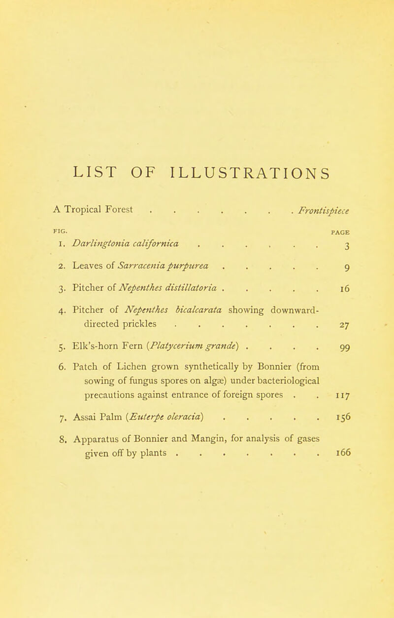 LIST OF ILLUSTRATIONS A Tropical Forest Frontispiece FIG. PAGE 1. Darlingtonia californica ...... 3 2. Leaves of Sarracenia purpurea ..... 9 3. Pitcher of Nepenthes distillatoria ..... 16 4. Pitcher of Nepenthes bicalcarata showing downward- directed prickles ....... 27 5. Elk's-horn Fern {Platycerium grande) .... 99 6. Patch of Lichen grown synthetically by Bonnier (from sowing of fiingus spores on algae) under bacteriological precautions against entrance of foreign spores . . 117 7. Assai Palm {Euterpe oleracia) 156 8. Apparatus of Bonnier and Mangin, for analysis of gases given off by plants 166