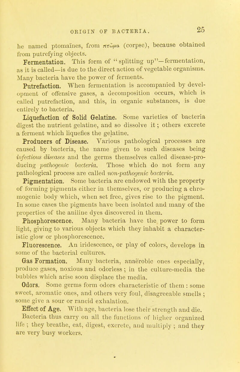 26 he named ptomaines, from rtt^/xa (corpse), because obtained from putrefying objects. Fermentation. This form of  splitting up—fermentation, as it is called—is due to the direct action of vegetable organisms. Many bacteria have the power of ferments. Putrefaction. When fermentation is accompanied by devel- opment of oftensive gases, a decomposition occurs, which is called putrefaction, and this, in organic substances, is due entirely to bacteria. Liquefaction of Solid Gelatine. Some varieties of bacteria digest the nutrient gelatine, and so dissolve it; others excrete a ferment which liquefies the gelatine. Producers of Disease. Various pathological processes are caused by bacteria, the name given to such diseases being infectious diseases and the germs themselves called disease-pro- ducing 2)atJiogenic bacteria. Those which do not form any pathological process are called non-pathogenic bacteria. Pigmentation. Some bacteria are endowed with the property of forming pigments either in themselves, or producing a chro- mogenic body which, when set free, gives rise to the pigment. In some cases the pigments have been isolated and many of the properties of the aniline dyes discovered in them. Phosphorescence. Many bacteria have the power to form light, giving to various objects which they inhabit a character- istic glow or phosphorescence. Fluorescence. An iridescence, or play of colors, develops in some of the bacterial cultures. Gas Formation. Many bacteria, anaerobic ones especially, produce gases, noxious and odorless ; in the culture-media the bubbles which arise soon displace the media. Odors. Some germs form odors characteristic of them : some sweet, aromatic ones, and others very foul, disagreeable smells ; some give a sour or rancid exhalation. Effect of Age. With age, bacteria lose their strength and die. Bacteria thus carry on all the functions of liiiihei- organized life ; they breathe, eat, digest, excrete, and multiply ; and they are very busy workers.