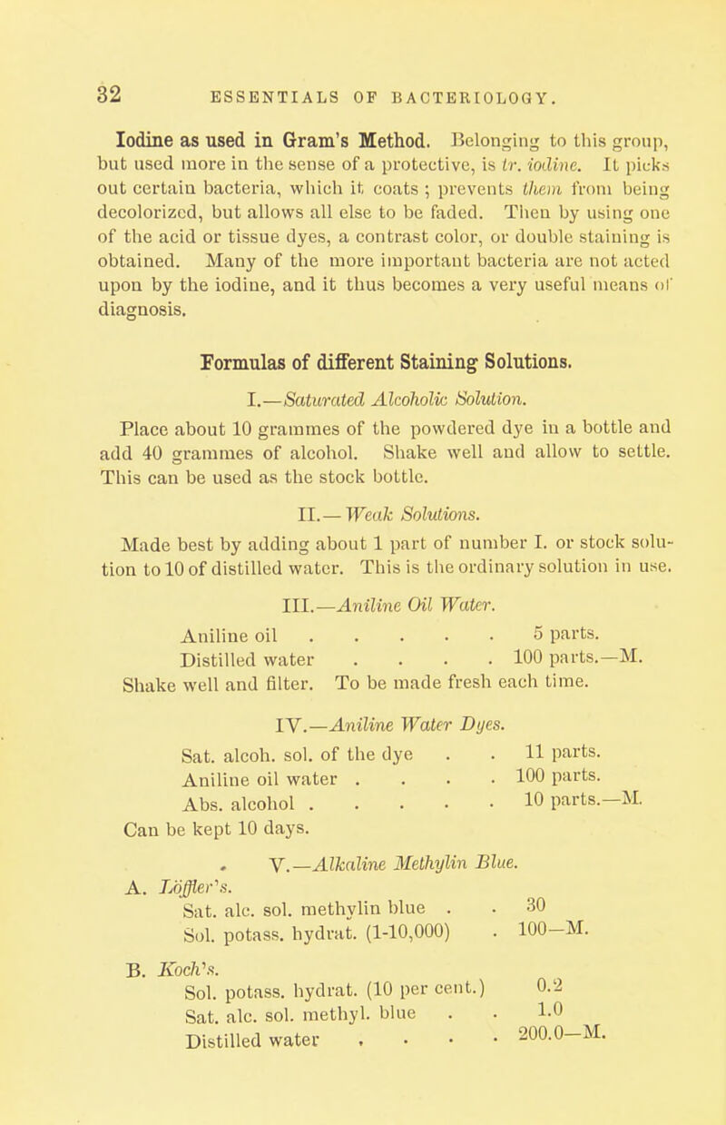 Iodine as used in Gram's Method. Belonging to this group, but used more in tlie sense of a protective, is tr. iodine. It picks out certain bacteria, which it coats ; prevents them from being decolorized, but allows all else to be faded. Tlicn by using one of the acid or tissue dyes, a contrast color, or double staining is obtained. Many of the more important bacteria are not acted upon by the iodine, and it thus becomes a very useful means of diagnosis. I.—Saturated Alcoholic Solution. Place about 10 grammes of the powdered dye in a bottle and add 40 grammes of alcohol. Shake well and allow to settle. This can be used as the stock bottle. II.— Weak Solutions. Made best by adding about 1 part of number I. or stock solu- tion to 10 of distilled water. This is the ordinary solution in use. Aniline oil 5 parts. Distilled water . . . .100 parts.—M. Shake well and filter. To be made fresh each time. IV.—Aniline Water Dyes. Sat. alcoh. sol. of the dye . . 11 parts. Aniline oil water .... 100 parts. Abs. alcohol 10 parts.—M. Can be kept 10 days. Formulas of different Staining Solutions. III.—Aniline Oil Water. Y.—Alkaline Melhylin Blue. A. Lbffler's. 30 100-M. Sat. ale. sol. methyUn blue . Sol. potass, hydrat. (1-10,000) B. KoclVs. 0.2 1.0 200.0—M. Sol. potass, hydrat. (10 per cent.) Sat. ale. sol. methyl, blue Distilled water