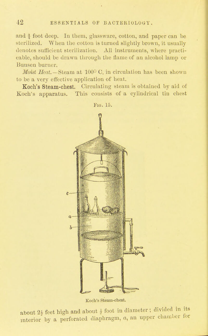 and I foot deep. In Ihem, glassware, cotton, and paper can be sterilized. When the cotton is turned sliglitly brown, it usually denotes sufficient sterilization. All instrunienis, where practi- cable, should be drawn tlu'ough tlie liame of an alcohol lamp or Bunsen burner. Moist Heat.—Siaam at 100° C. in circulation has been shown to be a very eftective application of heat. Koch's Steam-chest. Circulating steam is obtained by aid of Koch's apparatus. This consists of a cylindrical tin chest Fig. 15. interior by a perforated diaphragm, ft, an upper