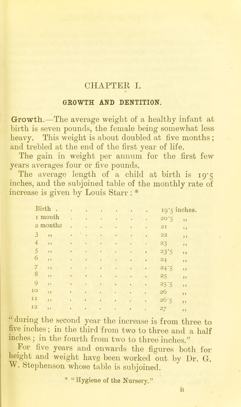 GROWTH AND DENTITION. Growth.—The average weight of a healthy infant at birth is seven pounds, the female being somewhat less heavy. This weight is about doubled at five months ; and trebled at the end of the first year of life. The gain in weight per annum for the first few years averages four or five pounds. The average length of a child at birth is i9‘5 inches, and the subjoined table of the monthly rate of increase is given by Louis Starr Birth . . i9'5 inches. I month 20‘5 „ 2 months 21 ,, 3 1) 22 ,, 4 n 23 M 5 11 23'5 .. 6 ,, 24 7 ,, 24‘S M 8 n 25 9 >• 25‘5 10 ,, 26 ,, 11 n 26-5 ,, 12 ,, • • 27 ,, “ during the second year the increase is from three to five inches; in the third from two to three and a half inches; in the fourth from two to three inches.” For five years and onwards the figures both for height and weight have been worked out by Dr. G. W. Stephenson whose table is subjoined. * “Hygiene of the Nursery.” B