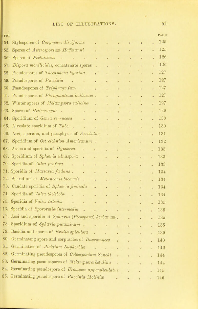 FIO. PAGE 54. Stylospores of Coryneum disciforme 125 55. Spores of Asterosporium Ilofmanni 125 56. Spores of Pcstalozzia . .126 57. Bispora moniliuklcs, concatenate spores . . 126 58. Pseudospores of Thccaphora hyalina . . . . . .127 59. Pseudospores of Puccinia ........ 127 60. Pseudospores of Triphragmium ....... 127 61. Pseudospores of Phragmidium bulbosum ...... 127 62. Winter spores of Melampsora saliaina ...... 127 63. Spores of Hclicocoryne .129 64. Sporidium of Genca verrucosa . . . . . . .130 65. Alveolate sporidium of Tuber ........ 130 66. Asci, spoiidia, and parapbyses of Ascobolus ..... 131 67. Sporidium of Ostrcichnion Americanum ...... 132 6S. Ascus and sporidia of Hypocrca ....... 133 69. Sporidium of Sphceria ulnaspura ....... 133 70. Sporidia of Valsaprofusa 133 71. Sporidia of Massaria fadans 134 72. Sporidium of Mclanconis bicornis ....... 134 73. Caudate sporidia of Sphwria fimiseda 134 74. Sporidia of Valsa thclebola ........ 134 7.5. Sporidia of Valsa taleola ........ 135 7G. Sporidia of Sporormia intermedia 135 77. Asci and sporidia of Sphceria (Pleospora) herlarum .... 135 78. Sporidium of Spharia putaminum 135 79. Basidia and spores of Exidia spiculosa ...... 139 80. Germinating spore and corpuscles of Dacrymyces .... 140 81. Germinatin of ^Ecidium Euphorbia 142 82. Germinating pseudospores of Coleosporium Sonchi . . . .144 83. Germinating pseudospores of Melampsora betulina .... 144 84. Germinating pseudospore of Uromyccs appcndiculalus . . . 145 85. Germinating pseudospore of Puccinia Molinim . . . .146