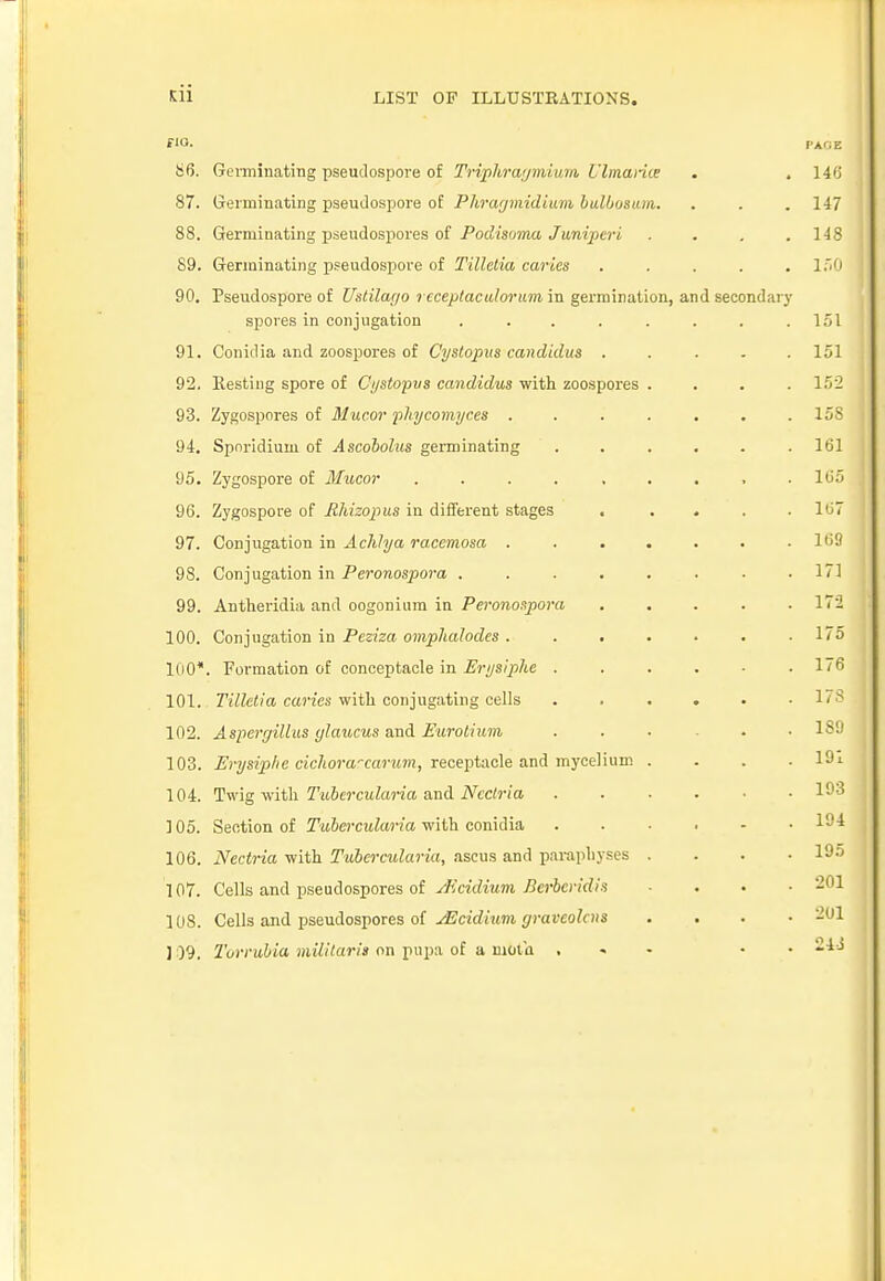 ft>- pace 86. Germinating pseudospore of Trvphragmvwm Ulmarhe . , 146 87. Germinating pseudospore of Phragmidium bulbosum. . . .147 88. Germinating pseudospores of Podisoma Juniperi . . . .148 89. Germinating pseudospore of Tillctia caries . . . . .150 90. Pseudospore of Ustilago receptaculorum in germination, and secondary spores in conjugation . . . . . . . .151 91. Conidia and zoospores of Cystopus candidus ..... 151 92. Eesting spore of Cystopvs candidus with zoospores .... 152 93. Zygospores of Mucor phycomyces . . . . . . 15S 94. Spnridium of Ascobolus germinating ...... 161 95. Zygospore of Mucor ......... 165 96. Zygospore of Rhizopus in different stages ..... 167 97. Conjugation in Achlya racemosa . 169 98. Conjugation in Peronospora ........ 171 99. Antheridia and oogonium in Peronospora ..... 172 100. Conjugation in Peziza omphalodcs. . . . . . .175 100*. Formation of conceptacle in Erysiphe ...... 176 101.. Tillctia caries with conjugating cells ...... 178 102. Aspergillus glaucus and Eurotium ... . 189 103. Erysiphe ciclwra-carum, receptacle and mycelium .... 19i 104. Twig with Tubercularia and Ncclria .... .103 ] 05. Section of Tubercularia with conidia 194 106. Nectria with Tubercularia, ascus and paraphyses .... 195 107. Cells and pseudospores of ^iridium Berbcridis . • ■ 201 108. Cells and pseudospores of JScidhim gravcolcus .... 201 ] 1)9. Turrubia militaris on pupa of a moth . • J