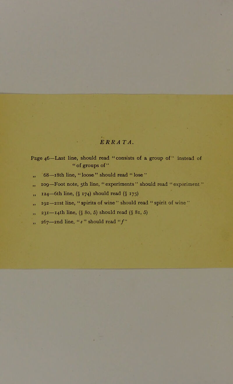 ERRA TA. Page 46—Last line, should read consists of a group of instead of  of groups of „ 68—i8th line,  loose  should read  lose  „ 109—Foot note, 5th line,  experiments  should read  expariment  „ 124—6th line, (§ 174) should read (§ 175) „ 192—2ist line,  spirits of wine  should read  spirit of wine  „ 231—14th line, (§ 80, 5) should read (§ 81, 5) „ 267—2nd line,  e should read /