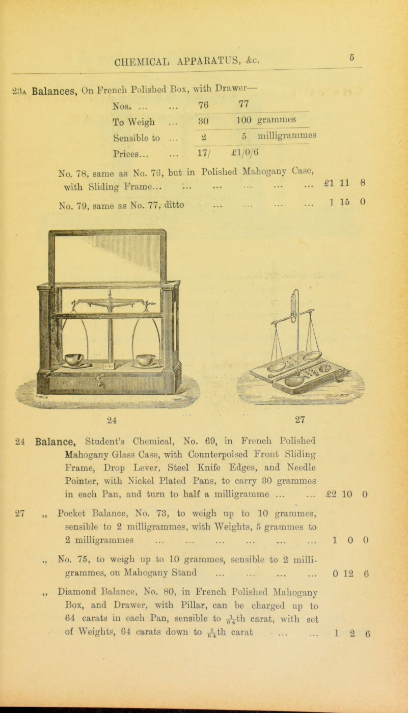 i^HA Balances, On French Polished Box, with Drawer— Nos 76 77 To Weigh ... 80 Sensible to ... Prices... 100 grammes 2 5 milligrammes .. 17/' £1/0/6 No. 78, same as No. 76, but in Polished Mahogany Case, with Sliding Frame... No. 79, same as No. 77, ditto 115 0 £1 11 8 24 27 24 Balance, Student's Chemical, No. 69, in French Polished Mahogany Glass Case, with Counterpoised Front Sliding Frame, Drop Lever, Steel Knife Edges, and Needle Pointer, with Nickel Plated Pans, to carry 30 grammes in each Pan, and turn to half a milligramme ... £2 10 0 27 Pocket Balance, No. 73, to weigh up to 10 grammes, sensible to 2 milligrammes, with Weights, 5 grammes to 2 milligrammes No. 75, to weigh up to 10 grammes, sensible to 2 milli- grammes, on Mahogany Stand Diamond Balance, No. 80, in French Polished Mahogany Box, and Drawer, with Pillar, can be charged up to 64 carats in each Pan, sensible to /^th carat, with set 10 0 0 12 6