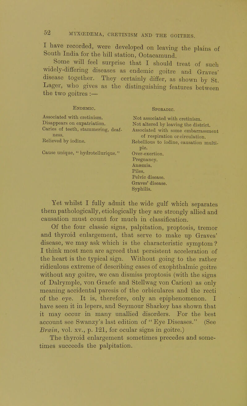 I have recorded, were developed on leaving the plains of South India for the hill station, Ootacamund. ^ Some will feel surprise that I should treat of such widely-differing diseases as endemic goitre and Graves' disease together. They certainly differ, as shown by St. Lager, who gives as the distinguishing features between the two goitres :— Endemic. Associated with cretinism. Disappears on expatriation. Caries of teeth, stammering, deaf- ness. Relieved by iodine. Cause unique,  hydrotellurique. Spoeadic. Not associated with cretinism. Not altered by leaving the district. Associated with some embarrassment of respiration or circulation. Rebellious to iodine, causation multi- ple. Over-exertion. Pregnancy. Ansemia. Piles. Pelvic disease. Graves' disease. Syphilis. Yet whilst I fully admit the wide gulf which separates them pathologically, etiologically they are strongly allied and causation must count for much in classification. Of the four classic signs, palpitation, proptosis, tremor and thyroid enlargement, that serve to make up Graves' disease, we may ask which is the characteristic symptom ? I think most men are agreed that persistent acceleration of the heart is the typical sign. Without going to the rather ridiculous extreme of describing cases of exophthalmic goitre without any goitre, we can dismiss proptosis (with the signs of Dalrymple, von Graefe and Stellwag von Carion) as only meaning accidental paresis of the orbiculares and the recti of the eye. It is, therefore, only an epiphenomenon. I have seen it in lepers, and Seymour Sharkey has shown that it may occur in many unallied disorders. For the best account see Swanzy's last edition of Eye Diseases. (See Brain, vol. xv., p. 121, for ocular signs in goitre.) The thyroid enlargement sometimes precedes and some- times succeeds the palpitation.