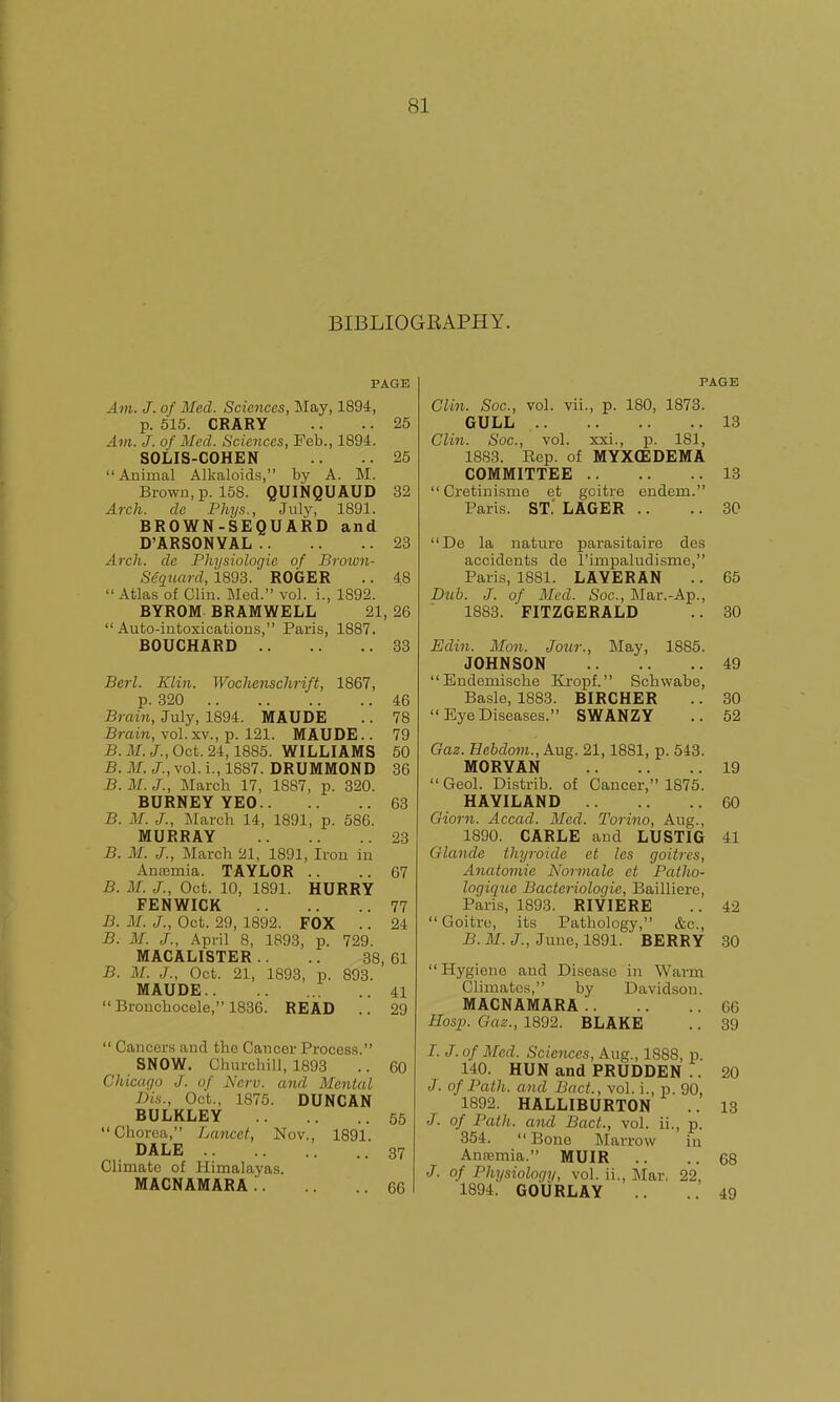 BIBLIOGRAPHY. PAGE A7)i. J. of Med. Sciences, May, 1894, p. 515. CRARY .. .. 25 Avi. J. of Med. Sciences, Feb., 1894. SOLIS-COHEN ..25 Animal Alkaloids, by A. M. Brown, p. 158. QUINQUAUD 32 Arch, de Phys., July, 1891. BROWN-SEQUARD and D'ARSONYAL 23 Arch, de Physiologie of Broivn- Se'quard, 1893. ROGER .. 48  Atlas of Clin. Med. vol. i., 1892. BYROM BRAMWELL 21, 26 Auto-intoxications, Paris, 1887. BOUCHARD 33 Berl. Klin. Wochenschrift, 1867, p. 320 46 Brain, July, 1894. MAUDE .. 78 Brain, vol. xv., p. 121. MAUDE.. 79 B. M. J., Oct. 24,1885. WILLIAMS 50 B. M. J., vol. i., 1887. DRUMMOND 36 B. M. J., March 17, 1887, p. 320. BURNEY YEO 63 B. M. J., March 14, 1891, p. 586. MURRAY 23 B. M. J., March 21, 1891, Iron in Anaemia. TAYLOR .. ..67 B. M. J., Oct. 10, 1891. HURRY FENWICK 77 B. M. J., Oct. 29, 1892. FOX .. 24 B. M. J., April 8, 1893, p. 729. MACALISTER .. .. 38, 61 B. M. J., Oct. 21, 1893, p. 893. MAUDE 41  Bronchooele, 1836. READ .. 29  Cancers aud the Cancer Process. SNOW. Churchill, 1893 .. 60 Chicarjo J. of Nerv. and Mental Dis., Oct., 1875. DUNCAN BULKLEY 55 Chorea, Lancet, Nov., 1891. DALE 37 Climate of Himalayas. MACNAMARA 66 PAGE Clin. Sac, vol. vii., p. 180, 1873. GULL 13 Clin. Soc, vol. xxi., p. 181, 1883. Rep. of MYXCEDEMA COMMITTEE 13 Cretinisme et goitre endem. Paris. ST: LAGER .. .. 30 De la nature parasitaire des accidents de I'impaludisme, Paris, 1881. LAVERAN .. 65 Dub. J. of Med. Soc, Mar.-Ap., 1883. FITZGERALD .. 30 Edin. Mon. Jour., May, 1885. JOHNSON 49 Eodemische Kropf. Schwabe, Basle, 1883. BIRCHER .. 30  Eye Diseases. SWANZY .. 52 Gaz. Eebdom., Aug. 21,1881, p. 543. MORYAN 19 Geol. Distrib. of Cancer, 1875. HAYILAND 60 Giorn. Accad. Med. Torino, Aug., 1890. CARLE and LUSTIG 41 Glande thyroidc et les goitres, Anatomic Normalc et Patho- logique Bacteriologie, Bailliere, Paris, 1893. RIYIERE .. 42 Goitre, its Pathology, &c., B. M. J., June, 1891. BERRY .30  Hygiene aud Disease in Wai-m Climates, by Davidson. MACNAMARA 66 Hasp. Gaz., lSd2. BLAKE .. 39 /. J. of Med. Sciences, Aug., 1888, p. 140. HUN and PRUDDEN .. 20 J. of Path, and Pact., vol. i., p. 90, 1892. HALLIBURTON .. 13 /. of Path, and Bad., vol. ii., p. 354. Bone Marrow in Anaemia. MUIR .. ..68 J. of Physiology, vol. ii., Mar, 22, 1894. GOURLAY .. ..49