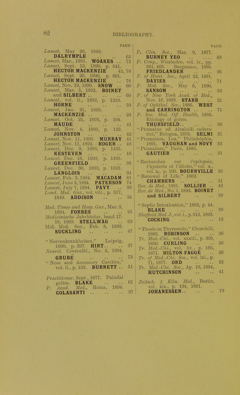 BIBLIOGEAPHY. PAGE Lancet, May 26, 1849. DALRYMPLE 63 Lancet, Mar., 1881. WOAKES .. 72 Lancet, Sept. 13, 1890, p. 541. HECTOR MACKENZIE 41, 78 Lancet, Sept. 20, 1890, p. 601. HECTOR MACKENZIE .. 78 Lancet, Nov. 22, 1890. SNOW .. 60 Lancet, Mar. 5, 1892. BOINET and SILBERT 60 Lancet, vol. ii., 1892, p. 1216. HORNE 59 Lancet, Jan. 21, 1893. MACKENZIE 24 Lancet, Oct. 21, 1893, p. 104. MAUDE 41 Lancet, Nov. 4, 1893, p. 122. JOHNSTON 42 Lancet. Nov. 11, 1893. MURRAY 41 Lancet, Nov. 11, 1893. ROGER .. 48 Lancet, Dec. 9, 1893, p. 1435. KESTEYEN 18 Lancet, Dec. 16, 1893, p. 1495. GREENFIELD ..39 Lancet, Dec. 30, 1893, p. 1623. LANGLOIS 34 Lancet, Feb. 3,1894. MACADAM 61 74 38 Lancet, June 2,1894. PATERSON Lancet, July 7, 1894. PAYY Lond. Med. Gaz., vol. viii., p. 517, 1849. ADDISON 84 Med. Times and Hosp. Gaz., Mar. 3, 1894. FORBES .. ..25 Medicinische Jalu-biicher, band 17- 18, 1869. STELLWAG .. 63 Mid. Med. Soc, Feb. 8, 1893. SUCKLING 47  Nervenkraukheiten, Leipzig, 1890, p. 897. HIRT.. .. 87 Neurol. Centralbl., No. 5, 1894. GRUBE 73  Nose and Accessory Cavities, vol. ii., p. 133. BURNETT .. 51 Practitioner, Sept., 1877. Paludal goitre. BLAKE ..61 P. Acad. Med., Eoma, 1894. COLASANTI 37 PAGE P. Clin. Soc, Mar. 9, 1877. BURNEY YEO 63 P. CniKj., ]['icsbadcn, vol. iv., pp. 381, 403. Beigmami, 1886. FRIEDLANDER ..36 P. of Hunt. Soc, April 22, 1891. DAYIES 71 P. Med. Soc, May 5, 1390. SANSOM 53 P. of New York Acad, of Med., Nov. IG, 1893. STARR .. 21 P. of Ophthal. Soc, 1886. WEST and CARRINGTON .. .. 71 P. Soc. Med. Off. Health, 1885. Etiology of goitre. THURSPIELD 50 Ptomaine od Alcaloidi cadave- rici, Bologna, 1878. SELMI 31  Ptomaines, Lea, Philadelpbia, 1891. YAUGHAN and NOYY 33 Ptomaines, Paris, 1886. GAUTIER 31  Recberches sur I'epilepsie, I'bysterie et I'idiotie, vol. x., vol. X., p. 100. BOURNYILLE 26  Renewal of Life, 1862. CHAMBERS .. .. ..31 Rev. de Med., 1891. SOLLIER .. 43 Bev. de Med., No, 1,1892. BOINET • and SILBERT ..39  Septic Intoxication, 1892, p. 44. BLAKE 39 Sheffield Med. J.,vol.i., p.312, 1893. COCKING 18  Thesis on Tbyreocele, Ohm-chill, 1885. ROBINSON .. ..26 Tr. Med.-Chi., vol. xxxiii., p. 303, 1850. CURLING .. ..26 Tr. Med.-Chi., vol. liv., p. 166, 1871. HILTON-FAGGE .. 26 Tr. of Med.-Chi. Soc, vol. Ixi., p. 71,1877. ORD .. ..22 Tr. Med.-Chi. Soc, Ap. 10, 1894, HUTCHINSON ..41 Zeitsch. f. Klin. Med., Berlin, vol. xix., p. 194, 1891. JOHANESSEN 79