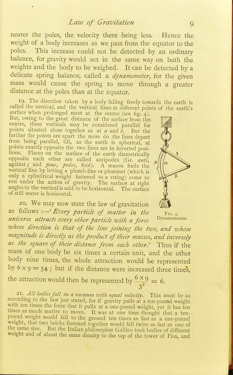 Law of Gravitation g nearer the poles, the velocity there being less. Hence the weight of a body increases as we pass from the equator to the poles. This increase could not be detected by an ordinary balance, for gravity would act in the same way on both the weights and the body to be weighed. It can be detected by a delicate spring balance, called a dynamometer, for the given mass would cause the spring to move through a greater distance at the poles than at the equator. 19. The direction taken by a body falling freely towards the earth is called the vertical, and the vertical lines at different points of the earth's surface when prolonged meet at the centre (see fig. 4). But, owing to the great distance of the surface from the- centre, these verticals may be considered parallel for points situated close together as at a and b. But the further the points are apart the more do the lines depart from being parallel, till, as the earth is spherical, at points exactly opposite the two lines are in inverted posi- tions. Places on the surface of the earth diametrically opposite each other are called antipodes (Gr. anti, against; and pom, podos, foot). A mason finds the vertical line by letting a plumb-line or plummet (which is only a cylindrical weight fastened to a string) come to rest under the action of gravity. The surface at right angles to the vertical is said to be horizontal. The surface of still water is horizontal. 20. We may now state the law of gravitation as follows :—' Every particle of matter in the fig. 5. universe attracts every other particle with a force ^dynamometer. whose direction is that of the line joining the two, and whose magnitude is directly as the product of their masses, and inversely as the square of their distance from each other.'' Thus if the mass of one body be six times a certain unit, and the other body nine times, the whole attraction would be represented by 6 X 9 = 54 ; but if the distance were increased three times, 6x9 _ the attraction would then be represented by 6. 2.1. All bodies fall in a vacuum with equal velocity. This roust be so accordmg to the law just stated, for if gravity pulls at a ten-pound weight with ten times the force that it pulls at a one-pound weight, yet it has ten times as much matter to move. It was at one time thought that a ten- pound weight would fall to the ground ten times as fast as a one-pound weight, that two bricks fastened together would fall twice as fast as one of the same size. But the Italian philosopher Galileo took bodies of different weight and of about the same density to the top of the tower of Pisa, and
