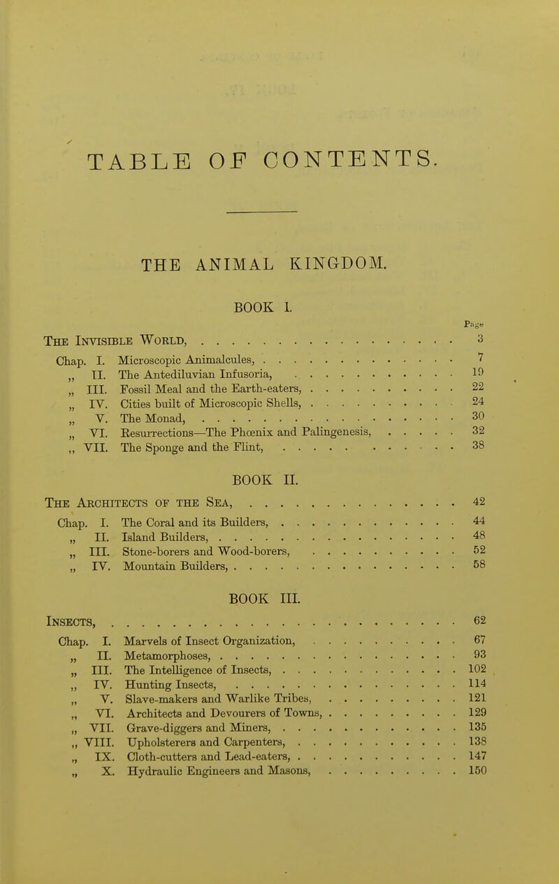 TABLE OF CONTENTS. THE ANIMAL KINGDOM. BOOK 1. Paya The Invisible World, 3 Chap. I. Microscopic Animalcules, 7 „ TI. The Antediluvian Infusoria, 1^) „ III. Fossil Meal and the Earth-eaters, 22 „ IV. Cities built of Microscopic Shells, 24 „ V. The Monad, 30 „ YI. Eesurrections—The Phoenix and Palingenesis, 32 „ VII. The Sponge and the Flint, 38 BOOK II. The Architects of the Sea, 42 Chap. I. The Coral and its Builders, 44 „ II. Island Builders, 48 „ III. Stone-borers and Wood-borers, 52 „ IV. Mountain Builders, 58 BOOK III. Insects, 62 Chap. I. Marvels of Insect Organization, 67 „ II. Metamorphoses, 93 „ III. The Intelligence of Insects, 102 „ IV. Hunting Insects, 114 „ V. Slave-makers and Warlike Tribes, 121 „ VI. Architects and Devourers of Towns, 129 „ VII. Grave-diggers and Miners, 135 „ VIII. Upholsterers and Carpenters, 138 „ IX. Cloth-cutters and Lead-eaters, 147