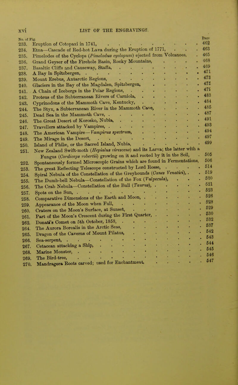 No. of Fig. 233. Eruption of Cotopaxi in 1741 462 234. Etna—Cascade of Red-hot Lava during the Eruption of 1771, . . .463 235. Pimelodes of the Cyclops (Pimelodus cyclopimi) ejected from Volcanoes, . 465 236. Grand Geyser of the Firehole Basin, Rocky Mountains, . . . .468 237. Basaltic Cliffs and Causeway, Staffa 469 288. A Bay in Spitzbergen, 239. Mount Erebus, Antarctic Regions, ^73 240. Glaciers in the Bay of the Magdalen, Spitzbergen, 47£ 241. A Chain of Icebergs in the Polar Regions, 47£ 242. Proteus of the Subterranean Rivers of Carniola, 483 243. Cyprinodons of the Mammoth Cave, Kentucky, 484 244. The Styx, a Subterranean River in the Mammoth Cave, . . . .486 245. Dead Sea in the Mammoth Cave, 246. The Great Desert of Korosko, Nubia, 247. Travellers attacked by Vampires, 248. The American Vampire— Vampirus spectrum, *94 249. The Mirage in the Desert, ^^^ 250. Island of Philse, or the Sacred Island, Nubia, .499 251. New Zealand Swift-moth {ffepicdus virescens) and its Larva; the latter with a Fungus {Cordiceps robertii) growing on it and rooted by it in the Soil,^ . 606 252. Spontaneously formed Microscopic Grains which are found in Fermentations, 506 258. The great Reflecting Telescope constructed by Lord Rosse, . . . .514 254. Spiral Nebula of the Constellation of the Greyhounds {Canes Venatici),. . 619 255. The Dumb-bell Nebula—Constellation of the Fox (Vulpecula,), . . . 5?0 256 The Crab Nebula—ConsteUation of the Bull {Taurus), 521 257. Spots on the Sun, 258. Comparative Dimensions of the Earth and Moon, ' -7, 259. Appearance of the Moon when Full, 260. Craters on the Moon's Surface, at Sunset, ^^9 261. Part of the Moon's Crescent during the First Quarter, o30 262. Donati's Comet on 5th October, 1858, . . ■ ^ 264. The Aurora Borealis in the Arctic Seas, 265. Dragon of the Caverns of Mount Pilatus, . „ . ... 543 266. Sea-serpent, 267. Cetacean attacking a Ship, 268. Marine Monster, 269. The Bird-tree, 270. Mandragora Roots carved; used for Enchantment,