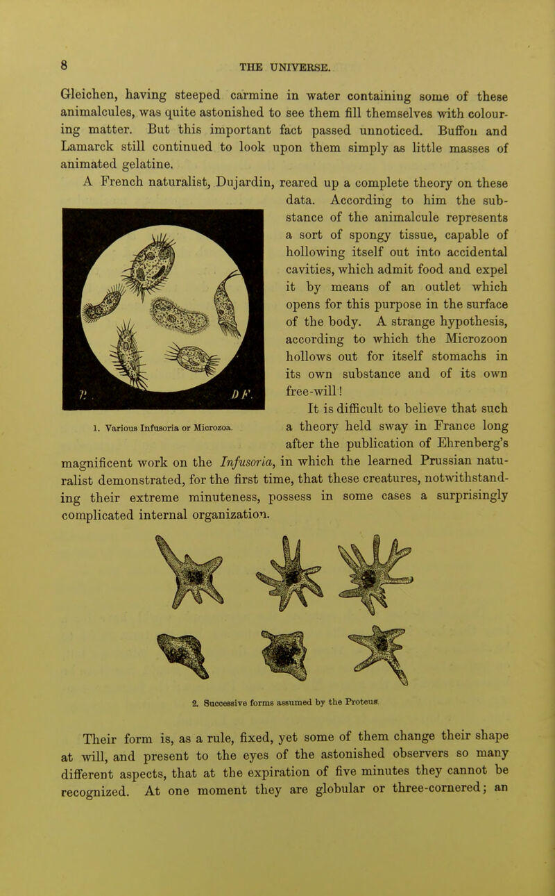 Gleichen, having steeped carmine in water containing some of these animalcules, was quite astonished to see them fill themselves with colour- ing matter. But this important fact passed unnoticed. BufFou and Lamarck still continued to look upon them simply as little masses of animated gelatine. A French naturalist, Dujardin, reared up a complete theory on these data. According to him the sub- stance of the animalcule represents a sort of spongy tissue, capable of hollowing itself out into accidental cavities, which admit food and expel it by means of an outlet which opens for this purpose in the surface of the body. A strange hypothesis, according to which the Microzoon hollows out for itself stomachs in its own substance and of its own free-will! It is diflScult to believe that such a theory held sway in France long after the publication of Ehrenberg's magnificent work on the Infusoria, in which the learned Prussian natu- ralist demonstrated, for the first time, that these creatures, notwithstand- ing their extreme minuteness, possess in some cases a surprisingly complicated internal organization. 1. Various Infusoria or Microzoa. 2. Successive forms assumed by the Proteuet Their form is, as a rule, fixed, yet some of them change their shape at will, and present to the eyes of the astonished observers so many different aspects, that at the expiration of five minutes they cannot be recognized. At one moment they are globular or three-cornered; an