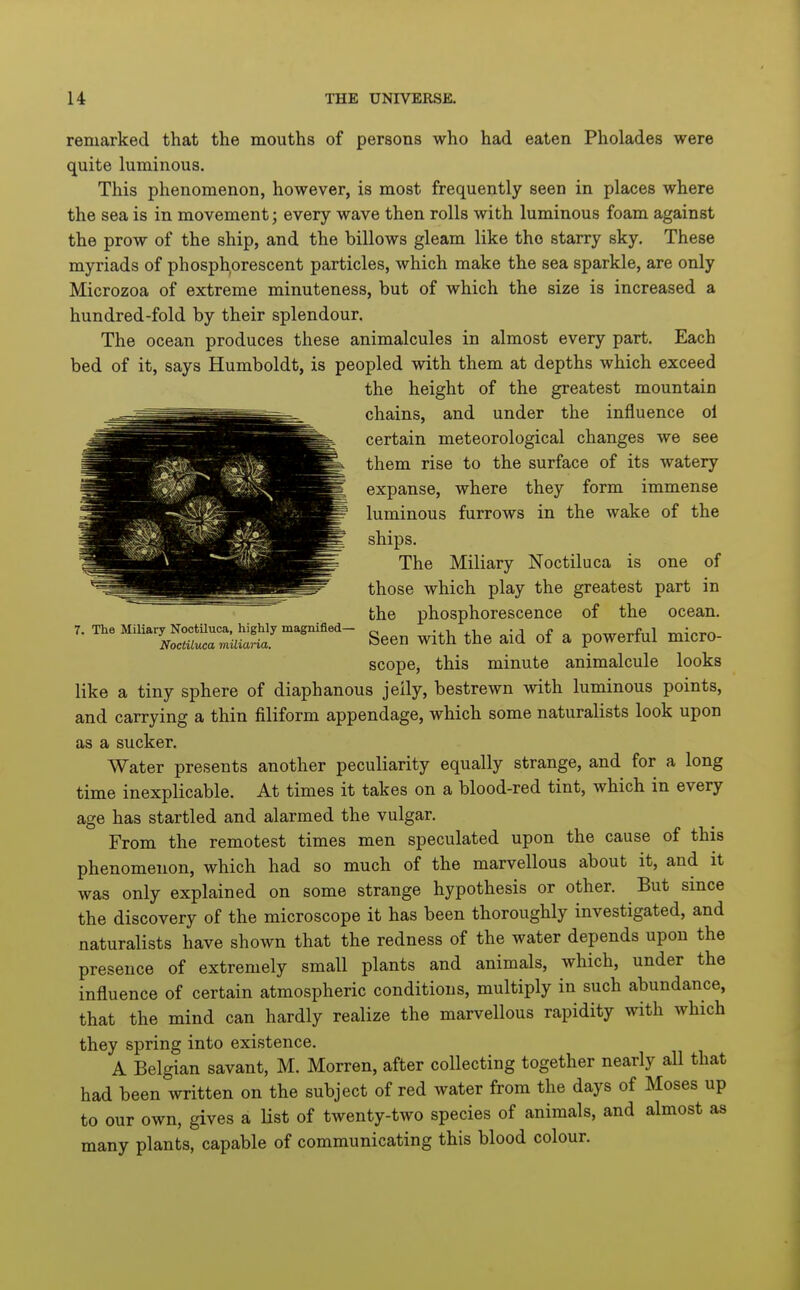 remarked that the mouths of persons who had eaten Pholades were quite luminous. This phenomenon, however, is most frequently seen in places where the sea is in movement; every wave then rolls with luminous foam against the prow of the ship, and the billows gleam like the starry sky. These myriads of phosphorescent particles, which make the sea sparkle, are only Microzoa of extreme minuteness, but of which the size is increased a hundred-fold by their splendour. The ocean produces these animalcules in almost every part. Each bed of it, says Humboldt, is peopled with them at depths which exceed the height of the greatest mountain chains, and under the influence ol certain meteorological changes we see them rise to the surface of its watery expanse, where they form immense luminous furrows in the wake of the ships. The Miliary Noctiluca is one of those which play the greatest part in the phosphorescence of the ocean. 7. The Miliary Noctiluca, highly magnifled— ^ -it. -j ^ „ ^^-^^^A-,! -r^in-nn Noctiluca miliaria. Seen With the aid of a powerful micro- scope, this minute animalcule looks like a tiny sphere of diaphanous jeily, bestrewn with luminous points, and carrying a thin filiform appendage, which some naturalists look upon as a sucker. Water presents another peculiarity equally strange, and for a long time inexplicable. At times it takes on a blood-red tint, which in every age has startled and alarmed the vulgar. From the remotest times men speculated upon the cause of this phenomenon, which had so much of the marvellous about it, and it was only explained on some strange hypothesis or other. But since the discovery of the microscope it has been thoroughly investigated, and naturalists have shown that the redness of the water depends upon the presence of extremely small plants and animals, which, under the influence of certain atmospheric conditions, multiply in such abundance, that the mind can hardly realize the marvellous rapidity with which they spring into existence. A Belgian savant, M. Morren, after collecting together nearly all that had been written on the subject of red water from the days of Moses up to our own, gives a Ust of twenty-two species of animals, and almost as many plants, capable of communicating this blood colour.