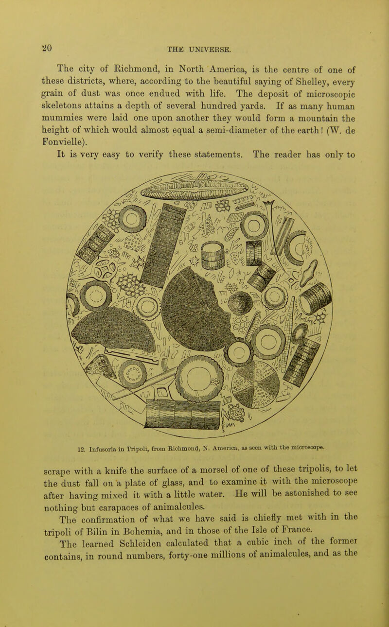 The city of Richmond, in North America, is the centre of one of these districts, where, according to the beautiful saying of Shelley, every grain of dust was once endued with life. The deposit of microscopic skeletons attains a depth of several hundred yards. If as many human mummies were laid one upon another they would form a mountain the height of which would almost equal a semi-diameter of the earth! (W. de Fonvielle). It is very easy to verify these statements. The reader has only to 12. Infusoria in Tripoli, from Eichmond, N. America, as seen with the microscope. scrape with a knife the surface of a morsel of one of these tripolis, to let the dust fall on a plate of glass, and to examine it with the microscope after having mixed it with a little water. He will be astonished to see nothing but carapaces of animalcules. The confirmation of what we have said is chiefly met with in the tripoli of Bilin in Bohemia, and in those of the Isle of France. The learned Schleiden calculated that a cubic inch of the former contains, in round numbers, forty-one millions of animalcules, and as the
