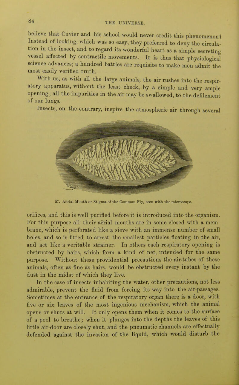 believe that Cuvier and his school would never credit this phenomenon? Instead of looking, which was so easy, they preferred to deny the circula- tion in the insect, and to regard its wonderful heart as a simple secreting vessel affected by contractile movements. It is thus that physiological science advances; a hundred battles are requisite to make men admit the most easily verified truth. With us, as with all the large animals, the air rushes into the respir- atory apparatus, without the least check, by a simple and very ample opening; all the impurities in the air may be swallowed, to the defilement of our lungs. Insects, on the contrary, inspire the atmospheric air through several 57. Aerial Mouth or Stigma of the Common Fly, seen with the microscope. orifices, and this is well purified before it is introduced into the organism. For this purpose all their aerial mouths are in some closed with a mem- brane, which is perforated like a sieve with an immense number of small holes, and so is fitted to arrest the smallest particles floating in the air, and act like a veritable strainer. In others each respiratory opening is obstructed by hairs, which form a kind of net, intended for the same purpose. Without these providential precautions the air-tubes of these animals, often as fine as hairs, would be obstructed every instant by the dust in the midst of which they live. In the case of insects inhabiting the water, other precautions, not less admirable, prevent the fluid from forcing its way into the air-passages. Sometimes at the entrance of the respiratory organ there is a door, with five or six leaves of the most ingenious mechanism, which the animal opens or shuts at will. It only opens them when it comes to the surface of a pool to breathe; when it plunges into the depths the leaves of this little air-door are closely shut, and the pneumatic channels are effectually defended against the invasion of the liquid, which would disturb the