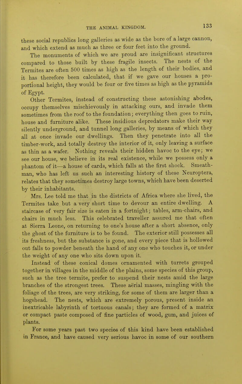 these social republics long galleries as wide as the bore of a large cannon, and which extend as much as three or four feet into the ground. The monuments of which we are proud are insignificant structures compared to those built by these fragile insects. The nests of the Termites are often 500 times as high as the length of their bodies, and it has therefore been calculated, that if we gave our houses a pro- portional height, they would be four or five times as high as the pyramids of Egypt. Other Termites, instead of constructing these astonishing abodes, occupy themselves mischievously in attacking ours, and invade them sometimes from the roof to the foundation; everything then goes to ruin, house and furniture alike. These insidious depredators make their way silently underground, and tunnel long galleries, by means of which they all at once invade our dwellings. Then they penetrate into all the timber-work, and totally destroy the interior of it, only leaving a surface as thin as a wafer. Nothing reveals their hidden havoc to the eye; we see our house, we believe in its real existence, while we possess only a phantom of it—a house of cards, which falls at the first shock. Smeath- man, who has left us such an interesting history of these Neuroptera, relates that they sometimes destroy large towns, which have been deserted by their inhabitants. Mrs. Lee told me that in the districts of Africa where she lived, the Termites take but a very short time to devour an entire dwelling. A staircase of very fair size is eaten in a fortnight; tables, arm-chairs, and chairs in much less. This celebrated traveller assured me that often at Sierra Leone, on returning to one's house after a short absence, only the ghost of the furniture is to be found. The exterior still possesses all its freshness, but the substance is gone, and every piece that is hollowed out falls to powder beneath the hand of any one who touches it, or under the weight of any one who sits down upon it. Instead of these conical domes ornamented with turrets grouped together in villages in the middle of the plains, some species of this group, such as the tree termite, prefer to suspend their nests amid the large branches of the strongest trees. These aerial masses, mingling with the foliage of the trees, are very striking, for some of them are larger than a hogshead. The nests, which are extremely porous, present inside an inextricable labyrinth of tortuous canals; they are formed of a matrix or compact paste composed of fine particles of wood, gum, and juices of plants. For some years past two species of this kind have been established in France, and have caused very serious havoc in some of our southern