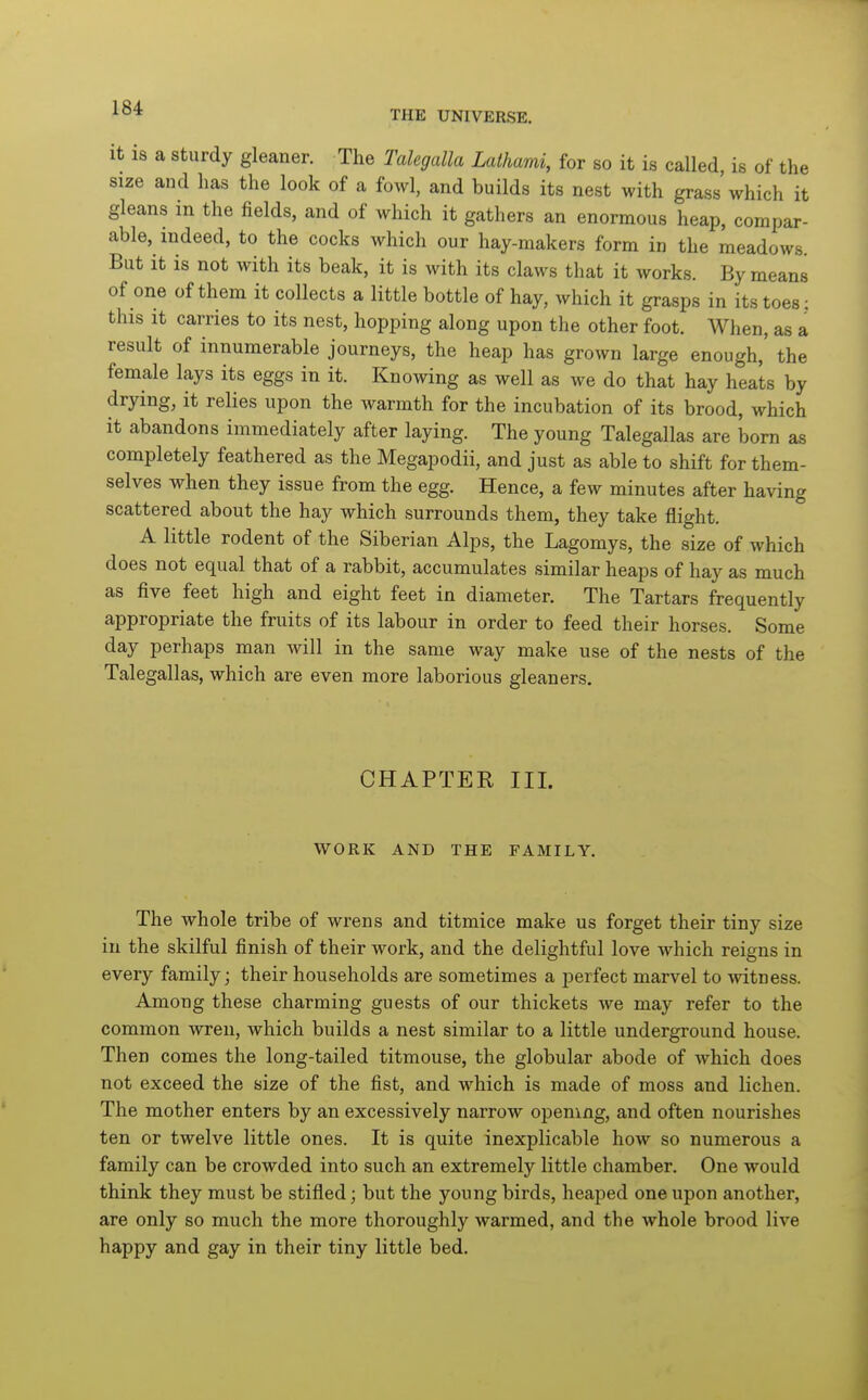 It IS a sturdy gleaner. The Talegalla Lat/iami, for so it is called is of the size and has the look of a fowl, and builds its nest with grass which it gleans in the fields, and of which it gathers an enormous heap, compar- able, indeed, to the cocks which our hay-makers form in the meadows. But it is not with its beak, it is with its claws that it works. By means of one of them it collects a little bottle of hay, which it grasps in its toes: this it carries to its nest, hopping along upon the other foot. When, as a result of innumerable journeys, the heap has grown large enough, the female lays its eggs in it. Knowing as well as we do that hay heats by drying, it relies upon the warmth for the incubation of its brood, which it abandons immediately after laying. The young Talegallas are born as completely feathered as the Megapodii, and just as able to shift for them- selves when they issue from the egg. Hence, a few minutes after having scattered about the hay which surrounds them, they take flight. A little rodent of the Siberian Alps, the Lagomys, the size of which does not equal that of a rabbit, accumulates similar heaps of hay as much as five feet high and eight feet in diameter. The Tartars frequently appropriate the fruits of its labour in order to feed their horses. Some day perhaps man will in the same way make use of the nests of the Talegallas, which are even more laborious gleaners. CHAPTER III. WORK AND THE FAMILY. The whole tribe of wrens and titmice make us forget their tiny size in the skilful finish of their work, and the delightful love which reigns in every family; their households are sometimes a perfect marvel to witness. Among these charming guests of our thickets we may refer to the common wren, which builds a nest similar to a little underground house. Then comes the long-tailed titmouse, the globular abode of which does not exceed the size of the fist, and which is made of moss and lichen. The mother enters by an excessively narrow opening, and often nourishes ten or twelve little ones. It is quite inexplicable how so numerous a family can be crowded into such an extremely little chamber. One would think they must be stifled; but the young birds, heaped one upon another, are only so much the more thoroughly warmed, and the whole brood live happy and gay in their tiny little bed.