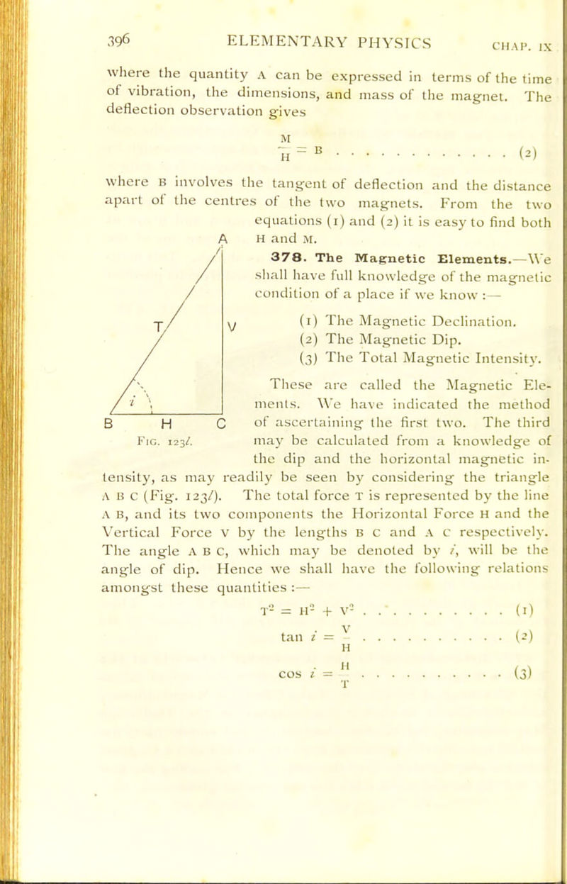 CHAP. ].\ wliere the quantity A can be expressed in terms of the time of vibration, the dimensions, and mass of the mag-net. The deflection observation gives M H = ^ (2) where b involves the tangent of deflection and the distance apart of the centres of the two magnets. From the two equations (i) and (2) it is easy to find both H and .M. 378. The Magnetic Elements.—We shall have full knowledge of the magnetic condition of a place if we know : — (1) The Magnetic Declination. (2) The Magnetic Dip. (3I The Total Magnetic Intensitj’. These are called the Magnetic Ele- ments. We have indicated the method of ascertaining the first two. The third the dip and the horizontal magnetic in- tensity, as may readily be seen by considering the triangle A B c (Fig'. 123/). The total force t is represented by the line A B, and its two components the Horizontal Force H and the Vertical Force v by the lengths b c and A c respectively. The angle ABC, which may be denoted by /, will be the angle of dip. Hence we shall have the following relations amongst these quantities :— T- = 11- + V- (i) tan 2 = ' (2) H II COS 2 = (3) T A