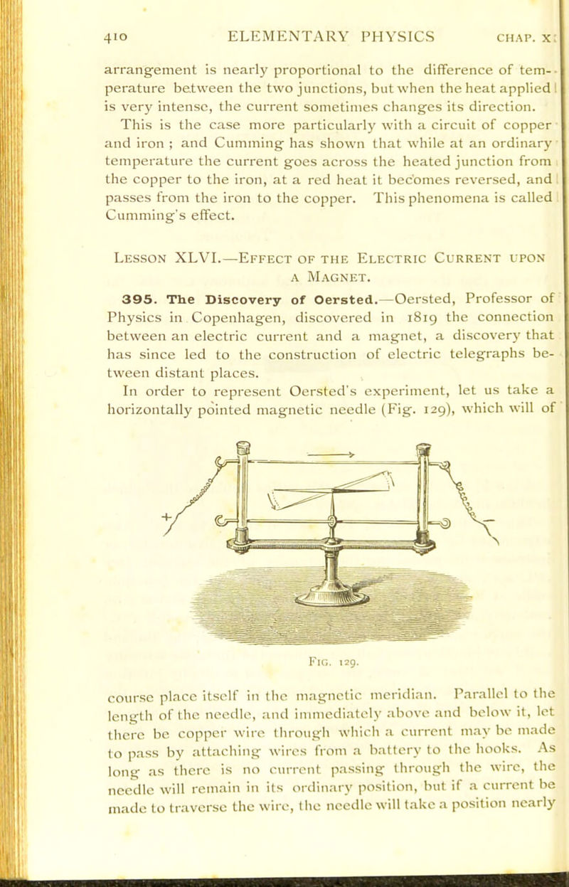 arrangement is nearly proportional to the difference of tern- • perature between the two junctions, but when the heat applied I is ver}' intense, the current sometimes changes its direction. This is the case more particularly with a circuit of copper and iron ; and Gumming has shown that while at an ordinary ■ temperature the current goes across the heated junction from the copper to the iron, at a red heat it becomes reversed, and passes from the iron to the copper. This phenomena is called Cumming's effect. Lesson XLVI.—Effect of the Electric Current upon A Magnet. 395. The Discovery of Oersted.—Oersted, Professor of Physics in Copenhagen, discovered in 1819 the connection between an electric current and a magnet, a discover}' that has since led to the construction of electric telegraphs be- tween distant places. In order to represent Oersted's experiment, let us take a horizontally pointed magnetic needle (Fig. 129), which will of course place itself in the magnetic meridian. P.ar.allel to the length of the needle, and immediately above and below it, let there be copper wire through which a current m.ay be made to pass by attaching wires from a battery to the hooks. .*\s long as there is no current passing through the wire, the needle will remain in its orditiary position, but if a current be made to traverse the wire, the needle will lake a position nearly