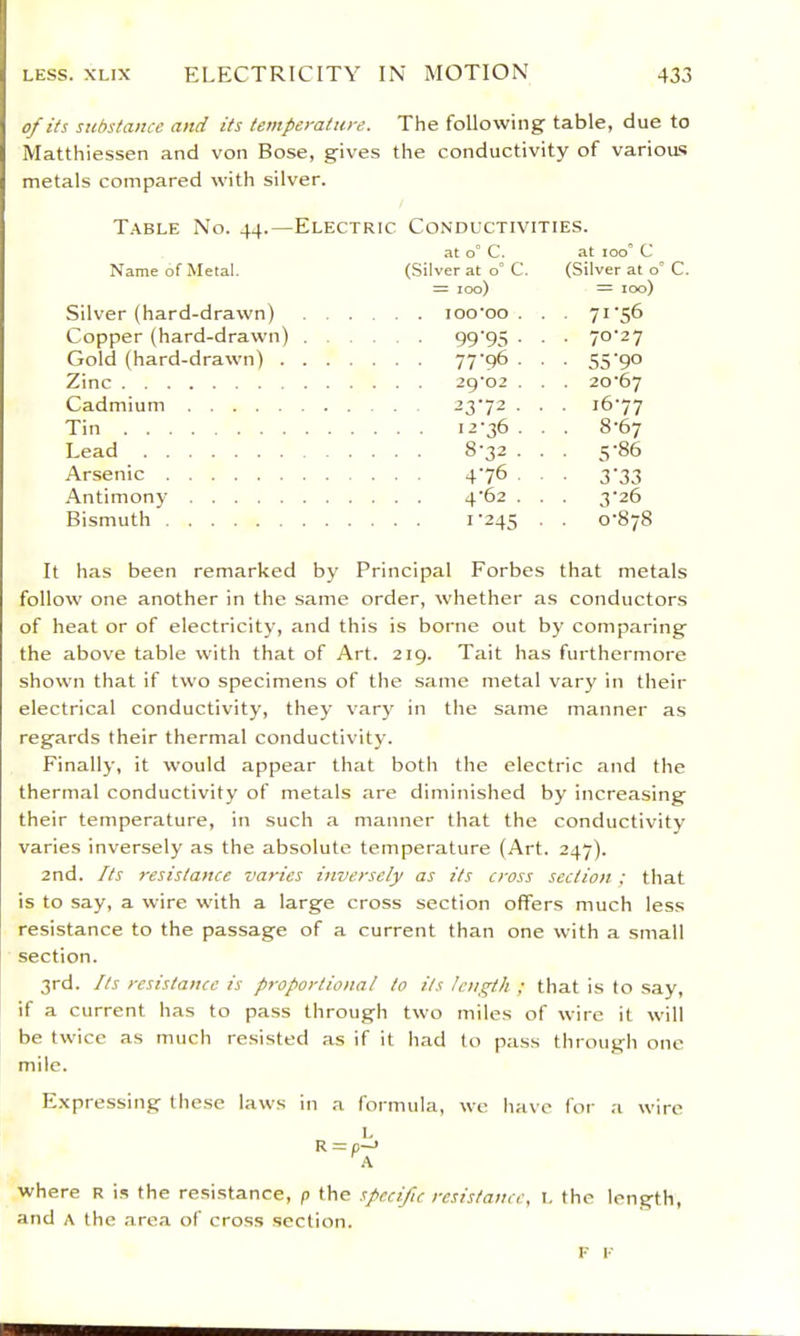 of its substance and its temperature. The following table, due to Matthiessen and von Bose, gives the conductivity of various metals compared with silver. T.\ble No. 44.—Electric Conductivities. at 0° C. at 100* C Name of Metal. (Silver at o° C. (Silver at o® C. = 100) = 100) Silver (hard-drawn) . . .... 100*00 . . • 71‘56 Copper (hard-drawn) . . ■ 99'95 ■ • • 7°'27 Gold (hard-drawn) . . . .... 77-96 . . ■ 55'9° Zinc .... 29*02 . . . 20-67 Cadmium . . 23-72 . . • 1677 Tin .... 12-36 . . . 8-67 Lead .... 8-32 . . 5-86 Arsenic .... 4-76 ■ 3‘33 .'Antimony . . . . 4-62 . . ■ 3'26 Bismuth . . . . 1-245 . 0-878 It has been remarked by Principal Forbes that metals follow one another in the same order, whether as conductors of heat or of electricity, and this is borne out by comparing the above table with that of Art. 219. Tait has furthermore shown that if two specimens of the same metal vary in their electrical conductivity, they vary in the same manner as regards their thermal conductivity. Finally, it would appear that both the electric and the thermal conductivity of metals are diminished by increasing their temperature, in such a manner that the conductivity varies inversely as the absolute temperature (Art. 247). 2nd. Its resistance varies inversely as its cross section ; that is to say, a wire with a large cross section offers much less resistance to the passage of a current than one with a small section. 3rd. Its resistance is proportional to its length ; that is to say, if a current has to pass through two miles of wire it will be twice as much resisted as if it had to pass through one mile. Expressing these laws in a formula, we have for a wire where r is the resistance, p the specific resistance, l. the length, and A the .area of cross section. E I-