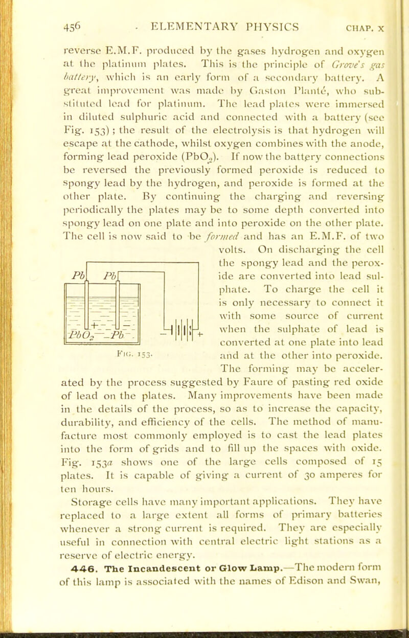 reverse E.M.F. |iroduced by tlic gases liydrogen and oxygen at the pladnnm ]ila(es. Tins is the principle of Grove's gas battery, which is an early form of a second.ary ballcry. A great improvemenl was made by G.'islon l’l:mle, who sub- slilnted lead for platinum. The le.ad jilates were immersed in diluted sulphuric acid and connected with a battery (see Fig. 153) ; the result of the electrol3'sis is that hydrogen will escape at the cathode, whilst oxygen combines with the anode, forming lead peroxide (PbO.,). If now the battprj' connections be reversed the previously formed peroxide is reduced to Spongy lead by the hydrogen, and peroxide is formed at the other plate. By continuing the charging and reversing periodically the plates may be to some depth converted into spongy lead on one plate and into peroxide on the other plate. The cell is now said to be formed and has an E.M.F. of two volts. On discharging the cell the spongy lead and the perox- ide are converted into lead sul- phate. To charge the cell it is only necessary to connect it with some source of current when the sulphate of lead is converted at one plate into lead and at the other into peroxide. The forming maj' be acceler- ated by the process suggested by Faure of pasting red oxide of lead on the plates. Many improvements have been made in the details of the process, so as to increase the capacity, durability, and efficiency of the cells. The method of manu- facture most commonly employed is into the form of grids and to fill up Fig. 153a shows one of the large cells composed of 15 plates. It is capable of giving a current of 30 amperes for ten hours. Storage cells h.avc many import.ant applications. Thej’ have replaced to a large extent all forms of primary batteries \vhenever a strong current is required. Thej’ are especially usefid in connection with central electric light stations as a reserve of electric energy. A46. The Incandescent or Glow hamp.—The modern form of this lamp is associated with the names of Edison and Swan, Ph Ph PbC -F-“ Fi(i. 153- to cast the lead plates the spaces with oxide.