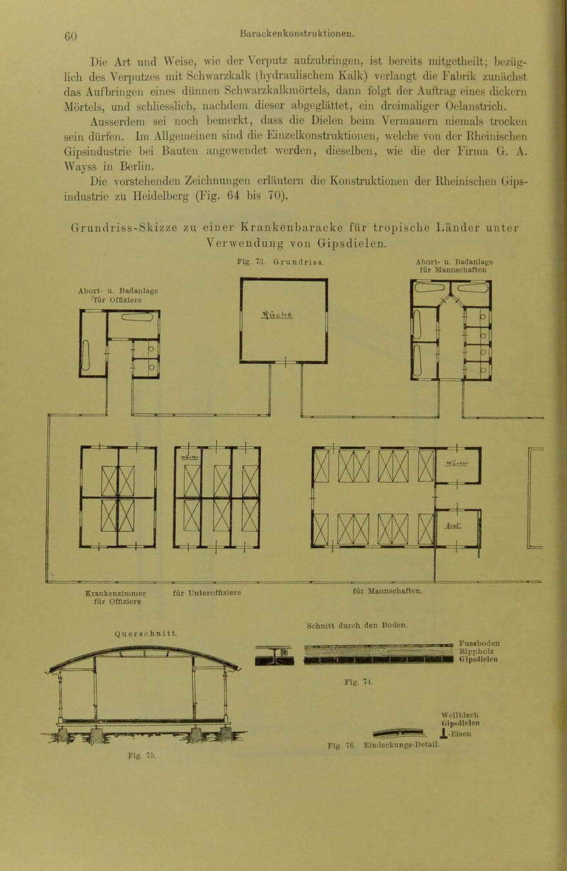 Die Art und Weise, wie der Verputz aufzubringen, ist bereits mitgetheilt; bezüg- lich des Verputzes mit Sohwarzkalk (hydraulischem Kalk) verlangt die Fabrik zunächst das Aufbringen eines dünnen Schwarzkalkmörtels, dann folgt der Auftrag eines dickem Mörtels, und schliesslich, nachdem dieser abgeglättet, ein dreimaliger Oelanstrich. Ausserdem sei noch bemerkt, dass die Dielen beim Vermauern niemals trocken sein dürfen. Im Allgemeinen sind che Einzelkonstruktionen, welche von der Rheinischen Gipsindustrie bei Bauten angewendet werden, dieselben, wie die der Firma G. A. Wayss in Berlin. Die vorstehenden Zeichnungen erläutern che Konstruktionen der Rheinischen Gips- industrie zu Heidelberg (Fig. 64 bis 70). Grundriss-Skizze zu einer Krankenbaracke für tropische Länder unter Verwendung von Gipsdielen. Fig. 73. Grundriss. Abort- u. Badanlage für Mannschaften Querschnitt. Schnitt durch den Boden. Fussbodcn Kippholz Gipsdielen Fig. 74. Fig. 76. Wellblech Gipsdielen ^,-Eisen Eindeokungs-Detail.