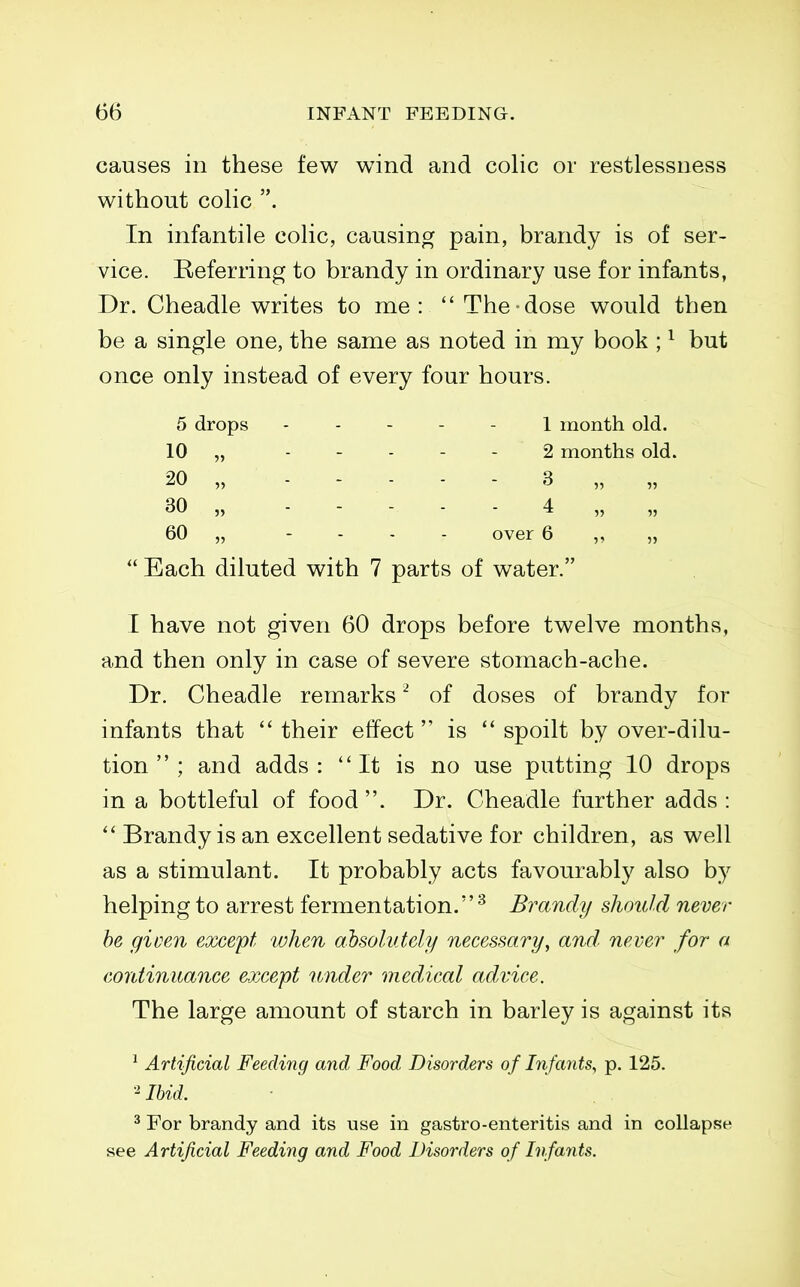 causes in these few wind and colic or restlessness without colic In infantile colic, causing pain, brandy is of ser- vice. Referring to brandy in ordinary use for infants, Dr. Cheadle writes to me:  The dose would then be a single one, the same as noted in my book ; ^ but once only instead of every four hours. 5 drops ----- 1 month old. 10 „ 2 months old.  Each diluted with 7 parts of water. I have not given 60 drops before twelve months, and then only in case of severe stomach-ache. Dr. Cheadle remarks ^ of doses of brandy for infants that  their effect is  spoilt by over-dilu- tion  ; and adds: *'It is no use putting 10 drops in a bottleful of food . Dr. Cheadle further adds :  Brandy is an excellent sedative for children, as well as a stimulant. It probably acts favourably also by helping to arrest fermentation.'' ^ Brandy should never he given except, when absolutely necessary, and. never for a continuance except nnder medical advice. The large amount of starch in barley is against its ^ Artificial Feeding and Food Disorders of Infants, p. 125. ^ For brandy and its use in gastro-enteritis and in collapse see Artificial Feeding and Food Disorders of Infants. 20 30 60 3 4 over 6 Ibid.