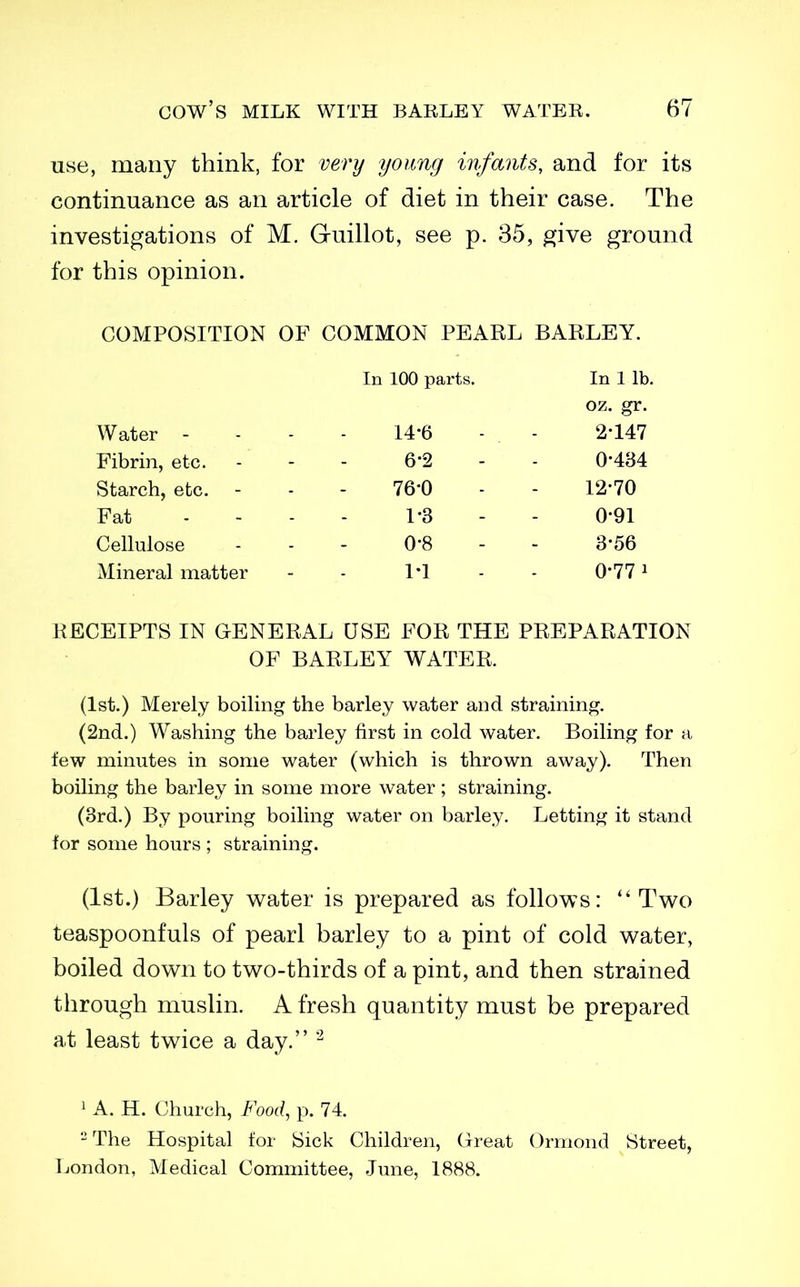 use, many think, for very young infants, and for its continuance as an article of diet in their case. The investigations of M. Guillot, see p. 35, ofive ground for this opinion. COMPOSITION OF COMMON PEARL BARLEY. In 100 parts. In 1 lb. oz. gr. Water - 14-6 2-147 Fibrin, etc. 6-2 0-434 Starch, etc. 76-0 12-70 Fat . - - 1-3 0-91 Cellulose 0-8 3-56 Mineral matter M 0-77 1 RECEIPTS IN GENERAL USE FOR THE PREPARATION OF BARLEY WATER. (1st.) Merely boiling the barley water and straining. (2nd.) Washing the barley first in cold water. Boiling for a few minutes in some water (which is thrown away). Then boiling the barley in some more water ; straining. (3rd.) By pouring boiling water on barley. Letting it stand for some hours ; straining. (1st.) Barley water is prepared as follows: Two teaspoonfuls of pearl barley to a pint of cold water, boiled down to two-thirds of a pint, and then strained through muslin. A fresh quantity must be prepared at least twice a day. - 1 A. H. Church, Food, p. 74. - The Hospital for Sick Children, Great Ormond Street, London, Medical Committee, June, 1888.