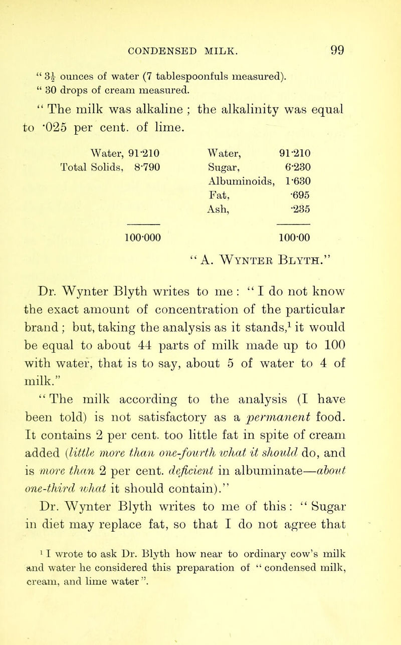  3^ ounces of water (7 tablespoonfuls measured).  80 drops of cream measured.  The milk was alkaline ; the alkalinity was equal to '025 per cent, of lime. Dr. Wynter Blyth writes to me :  I do not know the exact amomit of concentration of the particular brand ; but, taking the analysis as it stands,^ it would be equal to about 44 parts of milk made up to 100 with water, that is to say, about 5 of water to 4 of milk.  The milk according to the analysis (I have been told) is not satisfactory as a permanent food. It contains 2 per cent, too little fat in spite of cream added {little more than one-fourth what it should do, and is more than 2 per cent, deficient in albuminate—ahoat one-third what it should contain). Dr. Wynter Blyth writes to me of this:  Sugar in diet may replace fat, so that I do not agree that ^ I wrote to ask Dr. Blyth how near to ordinary cow's milk and water he considered this preparation of  condensed milk, cream, and lime water'. Water, 91-210 Total Sohds, 8-790 Water, 91-'210 Sugar, 6-230 Albuminoids, 1-630 Fat, -695 Ash, -235 100-000 100-00 A. Wynter Blyth.