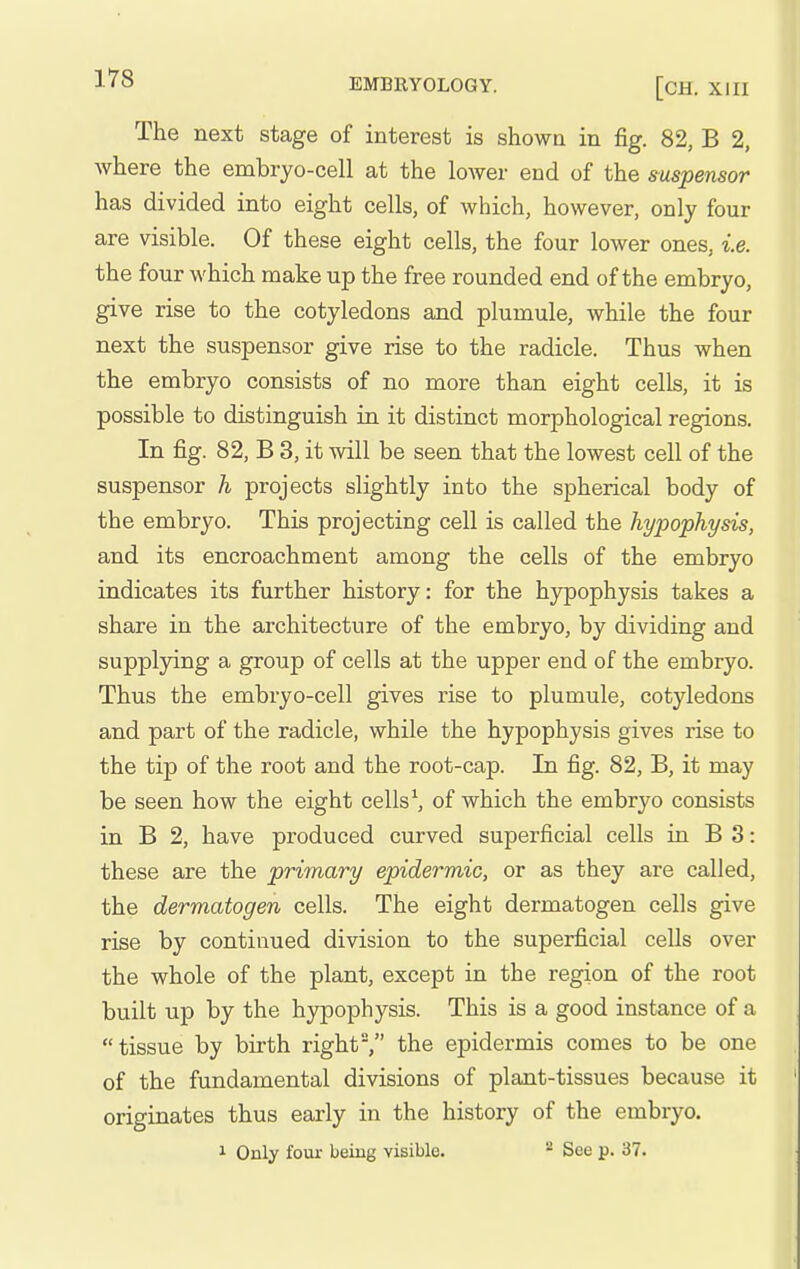 EMBRYOLOGY. [CH, XIII The next stage of interest is shown in fig. 82, B 2, Avhere the embryo-cell at the lower end of the suspensor has divided into eight cells, of which, however, only four are visible. Of these eight cells, the four lower ones, ie. the four which make up the free rounded end of the embryo, give rise to the cotyledons and plumule, while the four next the suspensor give rise to the radicle. Thus when the embryo consists of no more than eight cells, it is possible to distinguish in it distinct morphological regions. In fig. 82, B 3, it will be seen that the lowest cell of the suspensor h projects slightly into the spherical body of the embryo. This projecting cell is called the hypophysis, and its encroachment among the cells of the embryo indicates its further history: for the hypophysis takes a share in the architecture of the embryo, by dividing and supplying a group of cells at the upper end of the embryo. Thus the embryo-cell gives rise to plumule, cotyledons and part of the radicle, while the hypophysis gives rise to the tip of the root and the root-cap. In fig. 82, B, it may be seen how the eight cells \ of which the embryo consists in B 2, have produced curved superficial cells in B 3: these are the primary epidermic, or as they are called, the dermatogen cells. The eight dermatogen cells give rise by continued division to the superficial cells over the whole of the plant, except in the region of the root built up by the hypophysis. This is a good instance of a tissue by birth right, the epidermis comes to be one of the fundamental divisions of plant-tissues because it originates thus early in the history of the embryo. 1 Only foui- being visible.  See p. 37.