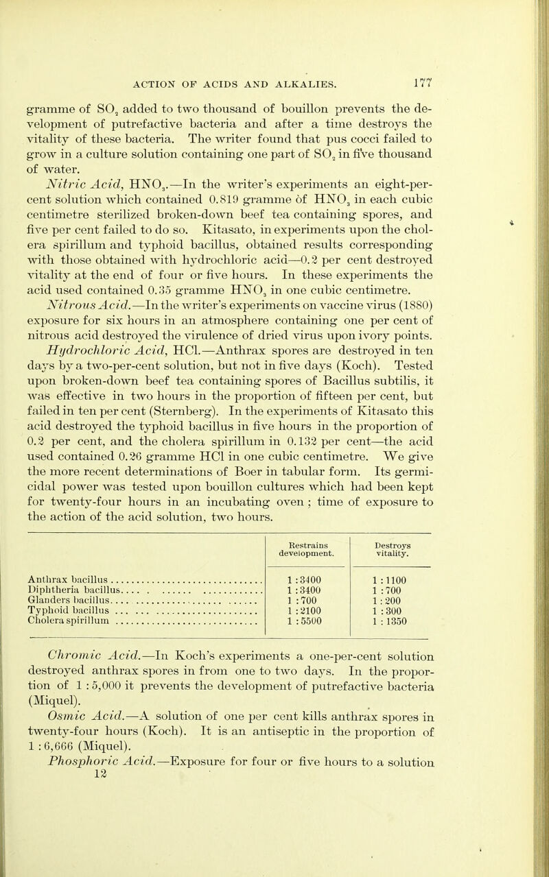 gramme of S02 added to two thousand of bouillon prevents the de- velopment of putrefactive bacteria and after a time destroys the vitality of these bacteria. The writer found that pus cocci failed to grow in a culture solution containing one part of S02 in five thousand of water. Nitric Acid, HN03.—In the writer's experiments an eight-per- cent solution which contained 0.819 gramme of HN03 in each cubic centimetre sterilized broken-down beef tea containing spores, and five per cent failed to do so. Kitasato, in experiments upon the chol- era spirillum and typhoid bacillus, obtained results corresponding with those obtained with hydrochloric acid—0.2 per cent destroyed vitality at the end of four or five hours. In these experiments the acid used contained 0.35 gramme HN03 in one cubic centimetre. Nitrous Acid.—In the writer's experiments on vaccine virus (1880) exposure for six hours in an atmosphere containing one per cent of nitrous acid destroyed the virulence of dried virus upon ivory points. Hydrochloric Acid, HC1.—Anthrax spores are destroyed in ten days by a two-per-cent solution, but not in five days (Koch). Tested upon broken-down beef tea containing spores of Bacillus subtilis, it was effective in two hours in the proportion of fifteen per cent, but failed in ten per cent (Sternberg). In the experiments of Kitasato this acid destroyed the typhoid bacillus in five hours in the proportion of 0.2 per cent, and the cholera spirillum in 0.132 per cent—the acid used contained 0.26 gramme HC1 in one cubic centimetre. We give the more recent determinations of Boer in tabular form. Its germi- cidal power was tested upon bouillon cultures which had been kept for twenty-four hours in an incubating oven ; time of exposure to the action of the acid solution, two hours. Restrains Destroys development. vitality. 1:3400 1:1100 Diphtheria bacillus 1 :3400 1 :700 1 :700 1:200 Typhoid bacillus 1:2100 1 :300 Cholera spirillum 1 :5500 1 : 1350 Chromic Acid.—In Koch's experiments a one-per-cent solution destroyed anthrax spores in from one to two days. In the propor- tion of 1 :5,000 it prevents the development of putrefactive bacteria (Miquel). Osmic Acid.—A solution of one per cent kills anthrax spores in twenty-four hours (Koch). It is an antiseptic in the proportion of 1 :6,666 (Miquel). Phosphoric Acid.—Exposure for four or five hours to a solution 12