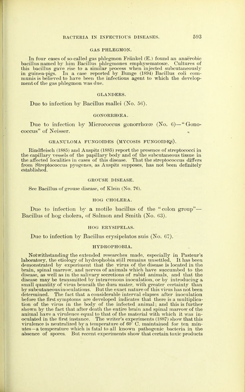 GAS PHLEGMON. In four cases of so-called gas phlegmon Frankel (E.) found an anaerobic bacillus named by him Bacillus phlegmones emphysematosa?. Cultures of this bacillus gave rise to a similar process when injected subcutaneously in guinea-pigs. In a case reported by Bunge (1894) Bacillus coli com- munis is believed to have been the infectious agent to which the develop- ment of the gas phlegmon was due. GLANDERS. Due to infection by Bacillus mallei (No. 56). GONORRHCE A. Due to infection by Micrococcus gonorrhoeae (No. 6)— Gono- coccus of Neisser. GRANULOMA FUNGOIDES (MYCOSIS FUNGOIDES). Rindfleisch (1885) and Auspitz (1885) report the presence of streptococci in the capillary vessels of the papillary body and of the subcutaneous tissue in the affected localities in cases of this disease. That the streptococcus differs from Streptococcus pyogenes, as Auspitz supposes, has not been definitely established. GROUSE DISEASE. See Bacillus of grouse disease, of Klein (No. 76). HOG CHOLERA. Due to infection by a motile bacillus of the colon group— Bacillus of hog cholera, of Salmon and Smith (No. 63). HOG ERYSIPELAS. Due to infection by Bacillus erysipelatos suis (No. 67). HYDROPHOBIA. Notwithstanding the extended researches made, especially in Pasteur's laboratory, the etiology of hydrophobia still remains unsettled. It has been demonstrated by experiment that the virus of the disease is located in the brain, spinal marrow, and nerves of animals which have succumbed to the disease, as well as in the salivary secretions of rabid animals, and that the disease may be transmitted by intravenous inoculation, or by introducing a small quantity of virus beneath the dura mater, with greater certainty than by subcutaneous inoculations. But the exact nature of this virus has not been determined. The fact that a considerable interval elapses after inoculation before the first symptoms are developed indicates that there is a multiplica- tion of the virus in the body of the infected animal; and this is further shown by the fact that after death the entire brain and spinal marrow of the animal have a virulence equal to that of the material with which it was in- oculated in the first instance. The writer's experiments (1887) show that this virulence is neutralized by a temperature of 60s C. maintained for ten min- utes—a temperature which is fatal to all known pathogenic bacteria in the absence of spores. But recent experiments show that certain toxic products