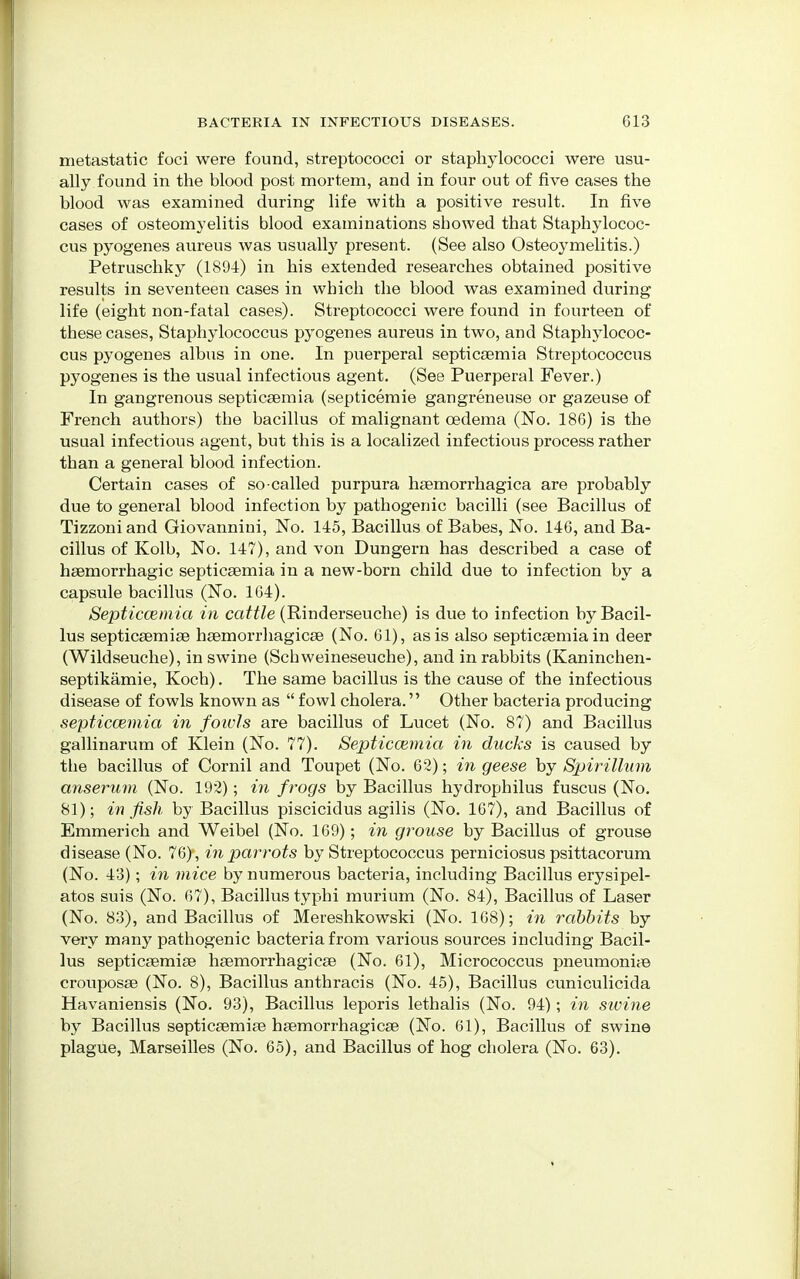 metastatic foci were found, streptococci or staphylococci were usu- ally found in the blood post mortem, and in four out of five cases the blood was examined during life with a positive result. In five cases of osteomyelitis blood examinations showed that Staphylococ- cus pyogenes aureus was usually present. (See also Osteoymelitis.) Petruschky (1894) in his extended researches obtained positive results in seventeen cases in which the blood was examined during life (eight non-fatal cases). Streptococci were found in fourteen of these cases, Staphylococcus pyogenes aureus in two, and Staphylococ- cus pyogenes albus in one. In puerperal septicaemia Streptococcus pyogenes is the usual infectious agent. (See Puerperal Fever.) In gangrenous septicaemia (septicemie gangreneuse or gazeuse of French authors) the bacillus of malignant oedema (No. 186) is the usual infectious agent, but this is a localized infectious process rather than a general blood infection. Certain cases of so-called purpura haemorrhagica are probably due to general blood infection by pathogenic bacilli (see Bacillus of Tizzoni and Giovannini, No. 145, Bacillus of Babes, No. 146, and Ba- cillus of Kolb, No. 147), and von Dungern has described a case of haemorrhagic septicaemia in a new-born child due to infection by a capsule bacillus (No. 164). Septicaemia in cattle (Rinderseuche) is due to infection by Bacil- lus septicaemiae haemorrhagicee (No. 61), as is also septicaemia in deer (Wildseuche), in swine (Schweineseuche), and in rabbits (Kaninchen- septikamie, Koch). The same bacillus is the cause of the infectious disease of fowls known as  fowl cholera. Other bacteria producing septicaemia in foivls are bacillus of Lucet (No. 87) and Bacillus gallinarum of Klein (No. 77). Septiccemia in ducks is caused by the bacillus of Cornil and Toupet (No. 62); in geese by Spirillum anserum (No. 192); in f rogs by Bacillus hydrophilus fuscus (No. 81); in fish by Bacillus piscicidus agilis (No. 167), and Bacillus of Emmerich and Weibel (No. 169); in grouse by Bacillus of grouse disease (No. 76) , in parrots by Streptococcus perniciosus psittacorum (No. 43); in mice by numerous bacteria, including Bacillus erysipel- atos suis (No. 67), Bacillus typhi murium (No. 84), Bacillus of Laser (No. 83), and Bacillus of Mereshkowski (No. 168); in rabbits by very many pathogenic bacteria from various sources including Bacil- lus septicaemiae haemorrhagicae (No. 61), Micrococcus pneumoniae crouposee (No. 8), Bacillus anthracis (No. 45), Bacillus cuniculicida Havaniensis (No. 93), Bacillus leporis lethalis (No. 94); in swine by Bacillus septicaemiae haemorrhagicae (No. 61), Bacillus of swine plague, Marseilles (No. 65), and Bacillus of hog cholera (No. 63).