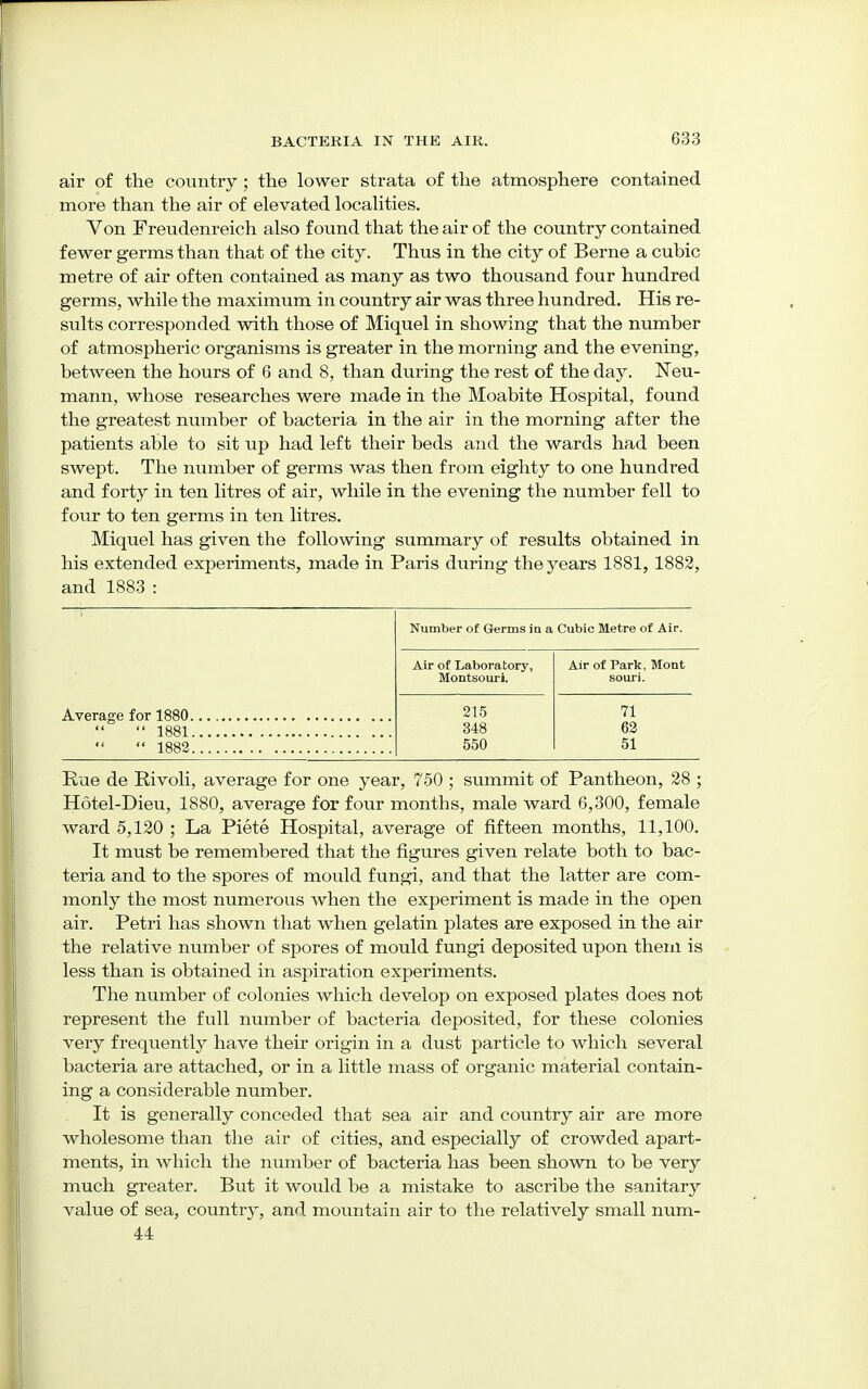 air of the country ; the lower strata of the atmosphere contained more than the air of elevated localities. Von Freudenreich also found that the air of the country contained fewer germs than that of the city. Thus in the city of Berne a cubic metre of air often contained as many as two thousand four hundred germs, while the maximum in country air was three hundred. His re- sults corresponded with those of Miquel in showing that the number of atmospheric organisms is greater in the morning and the evening, between the hours of 6 and 8, than during the rest of the day. Neu- mann, whose researches were made in the Moabite Hospital, found the greatest number of bacteria in the air in the morning after the patients able to sit up had left their beds and the wards had been swept. The number of germs was then from eighty to one hundred and forty in ten litres of air, while in the evening the number fell to four to ten germs in ten litres. Miquel has given the following summary of results obtained in his extended experiments, made in Paris during the years 1881, 1882, and 1883 : Number of Germs in a Cubic Metre of Air. Air of Laboratory, Montsouri. Air of Park, Mont souri. 215 71 348 62  1882 550 51 Rue de Bivoli, average for one year, 750 ; summit of Pantheon, 28 ; Hotel-Dieu, 1880, average for four montbs, male ward 6,300, female ward 5,120 ; La Piete Hospital, average of fifteen months, 11,100. It must be remembered that the figures given relate both to bac- teria and to the spores of mould fungi, and that the latter are com- monly the most numerous when the experiment is made in the open air. Petri has shown that when gelatin plates are exposed in the air the relative number of spores of mould fungi deposited upon them is less than is obtained in aspiration experiments. The number of colonies which develop on exposed plates does not represent the full number of bacteria deposited, for these colonies very frequently have their origin in a dust particle to which several bacteria are attached, or in a little mass of organic material contain- ing a considerable number. It is generally conceded that sea air and country air are more wholesome than the air of cities, and especially of crowded apart- ments, in which the number of bacteria has been shown to be very much greater. But it would be a mistake to ascribe the sanitary value of sea, country, and mountain air to the relatively small num- 44