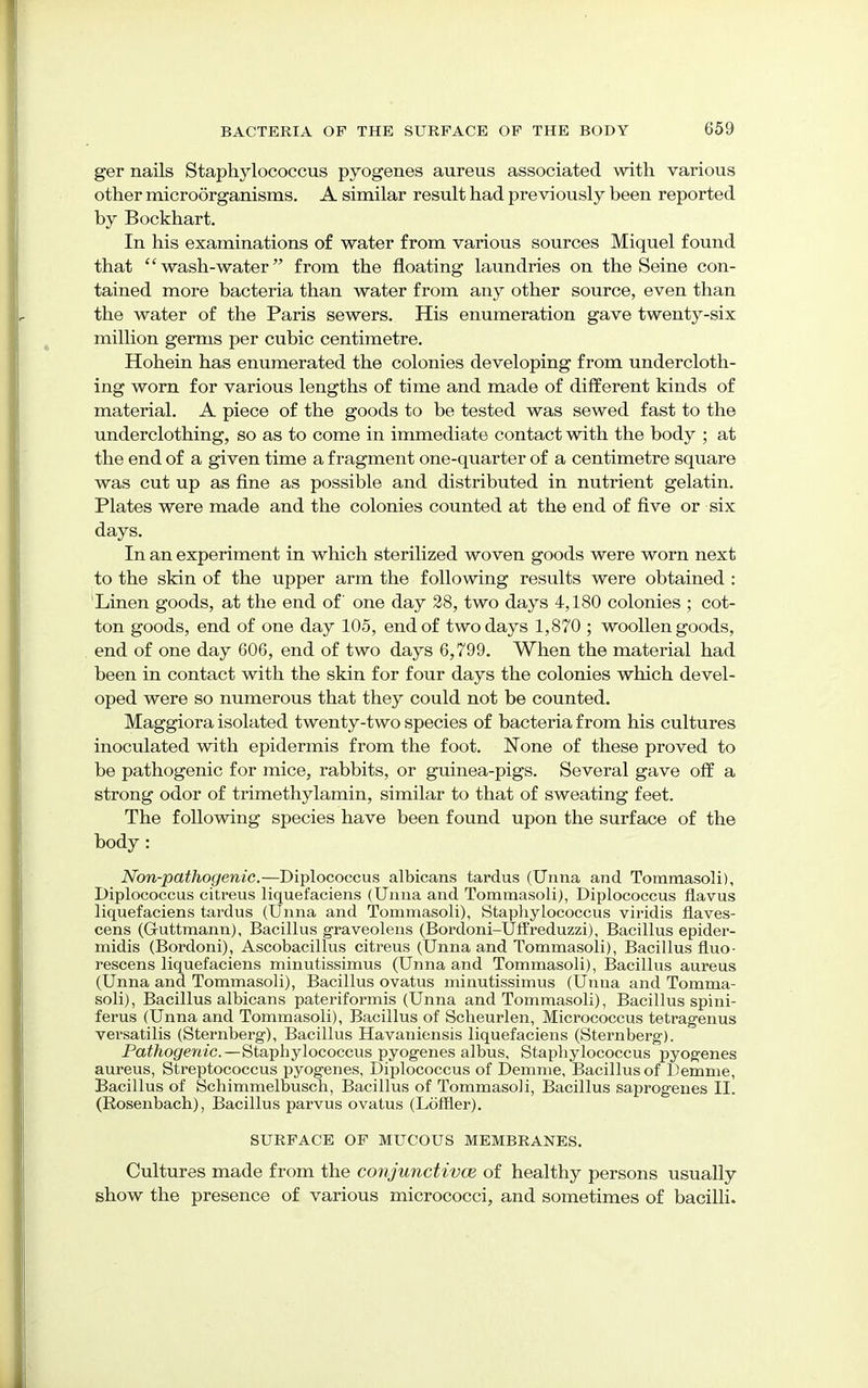 ger nails Staphylococcus pyogenes aureus associated with various other microorganisms. A similar result had previously been reported by Bockhart. In his examinations of water from various sources Miquel found that wash-water from the floating laundries on the Seine con- tained more bacteria than water from any other source, even than the water of the Paris sewers. His enumeration gave twenty-six million germs per cubic centimetre. Hohein has enumerated the colonies developing from undercloth- ing worn for various lengths of time and made of different kinds of material. A piece of the goods to be tested was sewed fast to the underclothing, so as to come in immediate contact with the body ; at the end of a given time a fragment one-quarter of a centimetre square was cut up as fine as possible and distributed in nutrient gelatin. Plates were made and the colonies counted at the end of five or six days. In an experiment in which sterilized woven goods were worn next to the skin of the upper arm the following results were obtained : Linen goods, at the end of one day 28, two days 4,180 colonies ; cot- ton goods, end of one day 105, end of two days 1,870 ; woollen goods, end of one day 606, end of two days 6,799. When the material had been in contact with the skin for four days the colonies which devel- oped were so numerous that they could not be counted. Maggiora isolated twenty-two species of bacteria from his cultures inoculated with epidermis from the foot. None of these proved to be pathogenic for mice, rabbits, or guinea-pigs. Several gave off a strong odor of trimethylamin, similar to that of sweating feet. The following species have been found upon the surface of the body: Non-pathogenic.—Diplococcus albicans tardus (Unna and Tommasoli), Diplococcus citreus liquefaciens (Unua and Tommasoli), Diplococcus flavus liquefaciens tardus (Unna and Tommasoli), Staphylococcus viridis flaves- cens (Guttmann), Bacillus graveolens (Bordoni-Uffreduzzi), Bacillus epider- midis (Bordoni), Ascobacillus citreus (Unna and Tommasoli), Bacillus fluo- rescens liquefaciens minutissimus (Unna and Tommasoli), Bacillus aureus (Unna and Tommasoli), Bacillus ovatus minutissimus (Unna and Tomma- soli), Bacillus albicans pateriformis (Unna and Tommasoli), Bacillus spini- ferus (Unna and Tommasoli), Bacillus of Scheurlen, Micrococcus tetragenus versatilis (Sternberg), Bacillus Havaniensis liquefaciens (Sternberg). Pathogenic.—Staphylococcus pyogenes albus. Staphylococcus pyogenes aureus, Streptococcus pyogenes, Diplococcus of Demme, Bacillus of Demme, Bacillus of Schimmelbusch, Bacillus of Tommasoli, Bacillus saprogenes II. (Rosenbach), Bacillus parvus ovatus (Loffler). SURFACE OF MUCOUS MEMBRANES. Cultures made from the conjunctivae of healthy persons usually show the presence of various micrococci, and sometimes of bacilli.