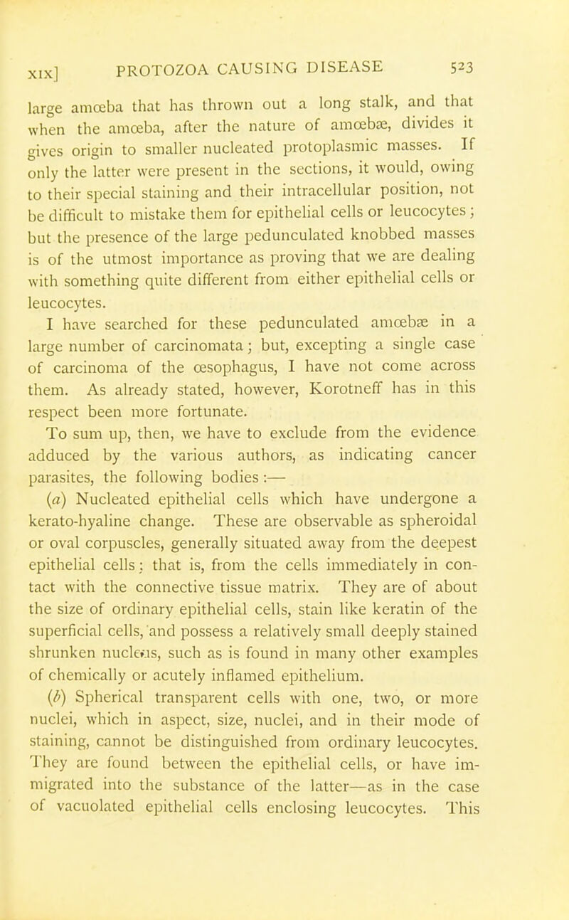 large amoeba that has thrown out a long stalk, and that when the amoeba, after the nature of amoebae, divides it gives origin to smaller nucleated protoplasmic masses. If only the latter were present in the sections, it would, owing to their special staining and their intracellular position, not be difficult to mistake them for epithelial cells or leucocytes; but the presence of the large pedunculated knobbed masses is of the utmost importance as proving that we are dealing with something quite different from either epithelial cells or leucocytes. I have searched for these pedunculated amoebae in a large number of carcinomata; but, excepting a single case of carcinoma of the oesophagus, I have not come across them. As already stated, however, Korotneff has in this respect been more fortunate. To sum up, then, we have to exclude from the evidence adduced by the various authors, as indicating cancer parasites, the following bodies :— {a) Nucleated epithelial cells which have undergone a kerato-hyaline change. These are observable as spheroidal or oval corpuscles, generally situated away from the deepest epithelial cells; that is, from the cells immediately in con- tact with the connective tissue matrix. They are of about the size of ordinary epithelial cells, stain like keratin of the superficial cells, and possess a relatively small deeply stained shrunken nucktus, such as is found in many other examples of chemically or acutely inflamed epithelium. {/>) Spherical transparent cells with one, two, or more nuclei, which in aspect, size, nuclei, and in their mode of staining, cannot be distinguished from ordinary leucocytes. They are found between the epithelial cells, or have im- migrated into the substance of the latter—as in the case of vacuolated epithelial cells enclosing leucocytes. This