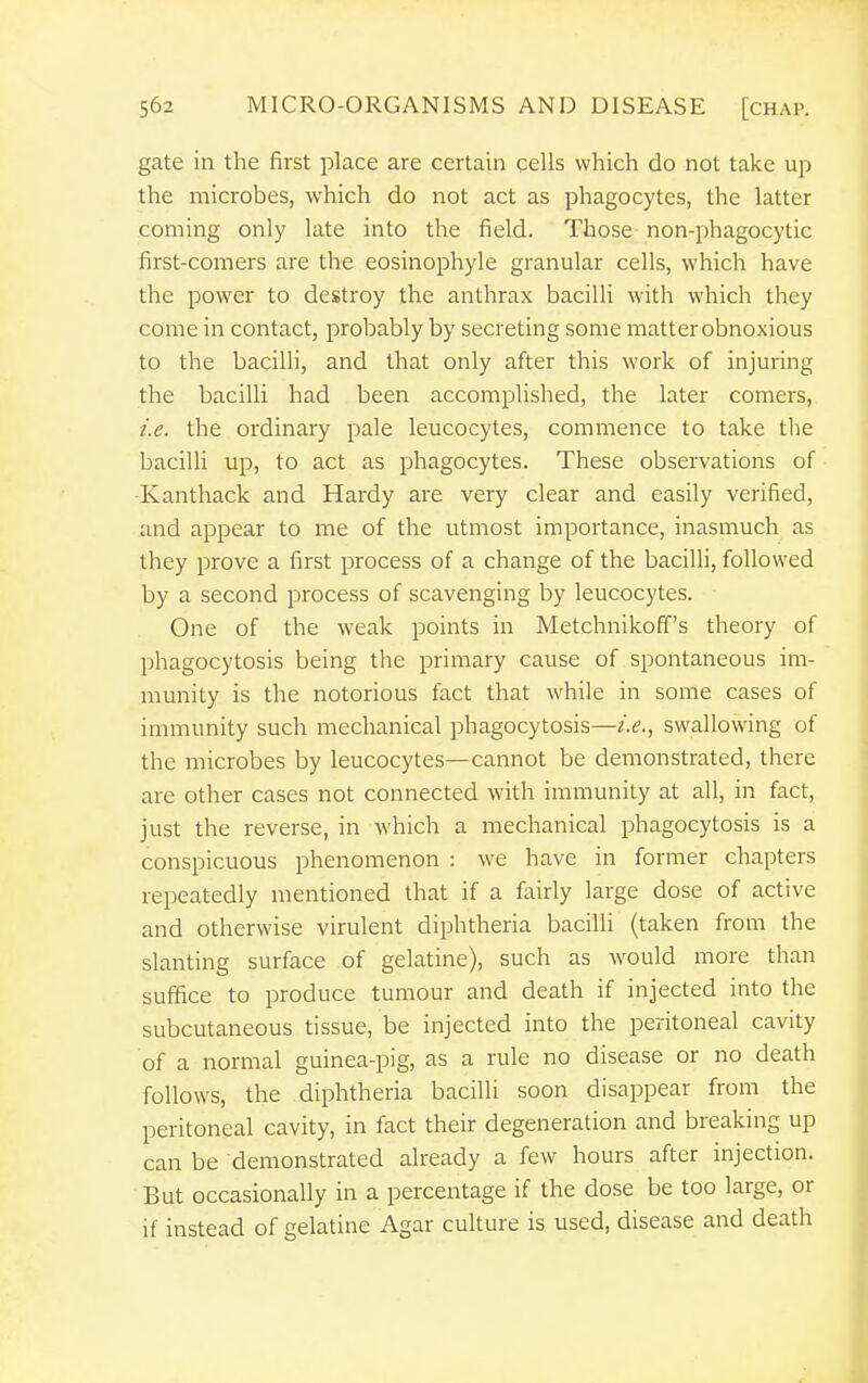 gate in the first place are certain cells which do not take up the microbes, which do not act as phagocytes, the latter coming only late into the field. Those non-phagocytic first-comers are the eosinophyle granular cells, which have the power to destroy the anthrax bacilli with which they come in contact, probably by secreting some matter obnoxious to the bacilli, and that only after this work of injuring the bacilli had been accomplished, the later comers, i.e. the ordinary pale leucocytes, commence to take tlie bacilli up, to act as phagocytes. These observations of ■Kanthack and Hardy are very clear and easily verified, and appear to me of the utmost importance, inasmuch as they prove a first process of a change of the bacilli, followed by a second process of scavenging by leucocytes. One of the weak points in Metchnikoff's theory of phagocytosis being the primary cause of spontaneous im- munity is the notorious fact that while in some cases of immunity such mechanical phagocytosis—i.e., swallowing of the microbes by leucocytes—cannot be demonstrated, there are other cases not connected with immunity at all, in fact, just the reverse, in which a mechanical phagocytosis is a conspicuous phenomenon : we have in former chapters repeatedly mentioned that if a fairly large dose of active and otherwise virulent diphtheria bacilli (taken from the slanting surface of gelatine), such as would more than suffice to produce tumour and death if injected into the subcutaneous tissue, be injected into the peritoneal cavity of a normal guinea-pig, as a rule no disease or no death follows, the diphtheria bacilli soon disappear from the peritoneal cavity, in fact their degeneration and breaking up can be demonstrated already a few hours after injection. But occasionally in a percentage if the dose be too large, or if instead of gelatine Agar culture is used, disease and death