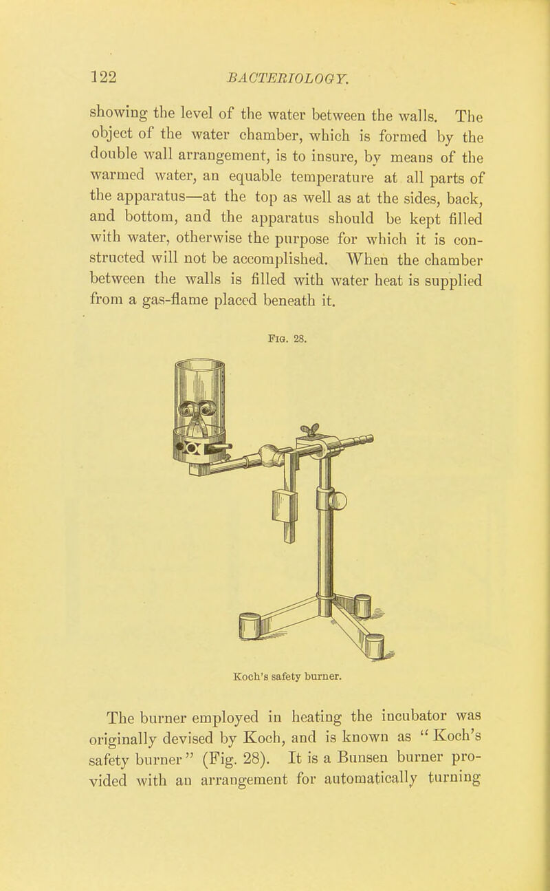 showing the level of the water between the walls. The object of the water chamber, which is formed by the double wall arrangement, is to insure, by means of the warmed water, an equable temperature at all parts of the apparatus—at the top as well as at the sides, back, and bottom, and the apparatus should be kept filled with water, otherwise the purpose for which it is con- structed will not be accomplished. When the chamber between the walls is filled with water heat is supplied from a gas-flame placed beneath it. Pig. 28. Koch's safety burner. The burner employed in heating the incubator was originally devised by Koch, and is known as  Koch's safety burner  (Fig. 28). It is a Bunsen burner pro- vided with an arrangement for automatically turning