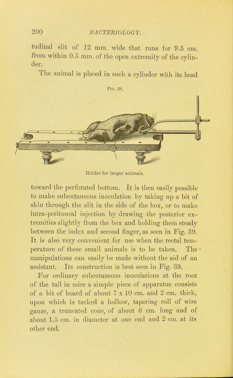 tudiual slit of 12 mm. wide that runs for 9.5 cm. from within 0.5 mm. of the open extremity of the cylin- der. The animal is placed in such a cylinder with its head Fig. 38. Holder for larger animals. toward the perforated bottom. It is then easily possible to make subcutaneous inoculation by taking up a bit of skin through the slit in the side of the box, or to make intra-peritoneal injection by drawing the posterior ex- tremities slightly from the box and holding them steady between the index and second finger, as seen in Fig. 39. It is also very convenient for use when the rectal tem- perature of these small animals is to be taken. The • manipulations can easily be made without the aid of an assistant. Its construction is best seen in Fig. 39. For ordinary subcutaneous inoculations at the root of the tail in mice a simple piece of apparatus consists of a bit of board of about 7 x 10 cm. and 2 cm. thick, upon which is tacked a hollow, tapering roll of wire gauze, a truncated cone, of about 6 cm. long and of about 1.5 cm. in diameter at one end and 2 cm. at its other end.