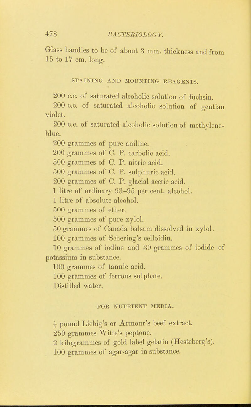 Glass handles to be of about 3 mm. thickness and from 15 to 17 cm. long. STAINING AND MOUNTING REAGENTS. 200 c.c. of saturated alcoholic solution of fuchsiu. 200 c.c. of saturated alcoholic solution of gentian violet. 200 c.c. of saturated alcoholic solution of methylene- blue. 200 grammes of pure aniline. 200 grammes of C. P. carbolic acid. 500 grammes of C. P. nitric acid. 500 grammes of C. P. sulphuric acid. 200 grammes of C. P. glacial acetic acid. 1 litre of ordinary 93-95 per cent, alcohol. 1 litre of absolute alcohol. 500 grammes of ether. 500 grammes of pure xylol. 50 grammes of Canada balsam dissolved in xylol. 100 grammes of Scheriug's celloidin. 10 grammes of iodine and 30 grammes of iodide of potassium in substance. 100 grammes of tannic acid. 100 grammes of ferrous sulphate. Distilled water. FOR NUTRIENT MEDIA. 1 pound Liebig's or Armour's beef extract. 250 grammes Witte's peptone. 2 kilogrammes of gold label gelatin (Hesteberg's). 100 grammes of agar-agar in substance.