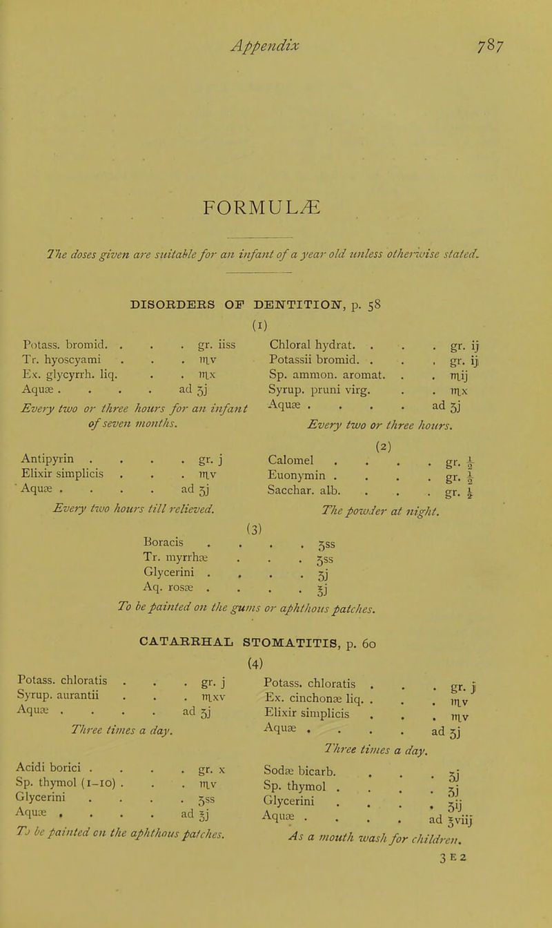 FORMULA 77ie doses given are suitable for an infant of a year old unless othei-ivise stated. DISORDERS OF DENTITION, p. 58 (I) Potass, bromid. . . . gr. iiss Chloral hydrat. . Tr. hyoscyami . . . in.v Potassii bromid. . Ex. glycyrrh. liq. . . 7Tix Sp. amnion, aromat. Aqua? . . . . ad 5j Syrup, pruni virg. Every two or three hours for an infant Aquas of seven months. . rriij ad 5j Antipyrin . . . . gr. j Elixir simplicis . . . inv ' Aquae . . . . ad 5j Every two hours till relieved. Boracis Tr. myrrhse Glycerini . Aq. rosas . Calomel Euonymin . Sacchar. alb. Every two or three hours. (2) gr- \ gr- h (3) The powder at night. 5SS 5ss 5J To be painted on the gums or aphthous patches. Potass, chloratis . . . gr. j Syrup, aurantii . . . n^xv Aquas . . . . ad 5j Three times a day. Acidi borici . . . . gr. x Sp. thymol (I-IO) . . . itj.v Glycerini . . . . jss Aquae , . . . ad §j Tj be painted cn the aphthous patches. CATARRHAL STOMATITIS, p. 60 (4) Potass, chloratis . • gr- J . Jn.v . niv ad 5j Ex. cinchonas liq. . Elixir simplicis Aquas .... Three times a day. Sodas bicarb. . . • 5j Sp. thymol . . . . gj Glycerini . . . , jjj Aclua2 ad gviij As a mouth wash for children.