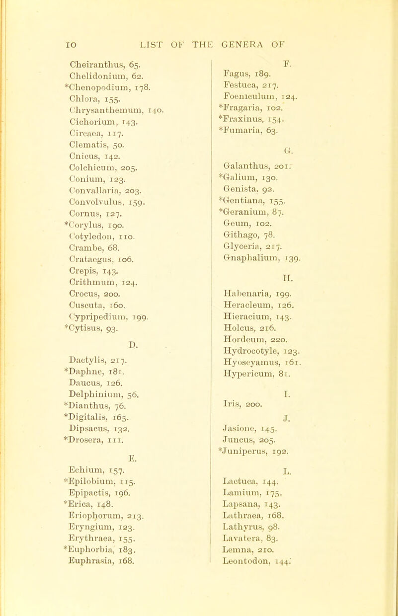 lO LIST OF Till' Cheirantlius, 65. Chelidonium, 62. *Clienopodiimi, 178. Chlora, 155. Clirysanthemiini, 140. Cichoi'ium, 143. Circaea, 117. Clematis, 50. Cnicus, 142. Colchicuni, 205. Conium, 123. Convallaiia, 203. Convolvulus. 159. Cornu.«, 127. *C'orylus, 190. Cotyledon, no. Crambe, 68. Crataegus, 106. Crepis, 143. Critlimum, 124. Crocus, 200. Cuscuta, 160. ('ypripedium, 199. *Cytisus, 93. D. Dactylis, 217. *Daphiie, 18 r. Daucus, 126. Delphinium, 56. *Dianthus, 76. *Digitalis, 165. Dipsacus, 132. *Drosera, in. E. Echium, 157. *EpiIobium, 115. Epipactis, 196. *Erica, 148. Eriophoruni, 213. Eryngium, 123. Erythi-aea, 155. *Euphorbia, 183. Euphrasia, 168. GENERA OF F. Fagus, 189. Festuca, 217. Foenicuhun, 124. *Fragaria, 102. *Fraxinus, 154. *Fumaria, 63. G. Galanthus, 201. *Galium, 130. Genista. 92. *Gentiana, 155. *Geianium, 87. Geum, 102. Githago, 78. Glyceria, 217. Gnaplialium, J3g. H. Habeuaria, 199. Heracleum, 126. Hieracium, 143. Holcus, 216. Hordeum, 220. Hydrocotyle, 123. Hyoseyamus, i6i. Hyijericum. 81. I. Iris, 200. J. .Tasione, 145. Juucus, 205. *Juniperus, 192. L. Lactuca. 144. Lamium, 175. Lapsana, 143. Lathraea, 168. Lathyrus, 98. Laviitera, 83. Lemna, 210. Leontodon. 144.'