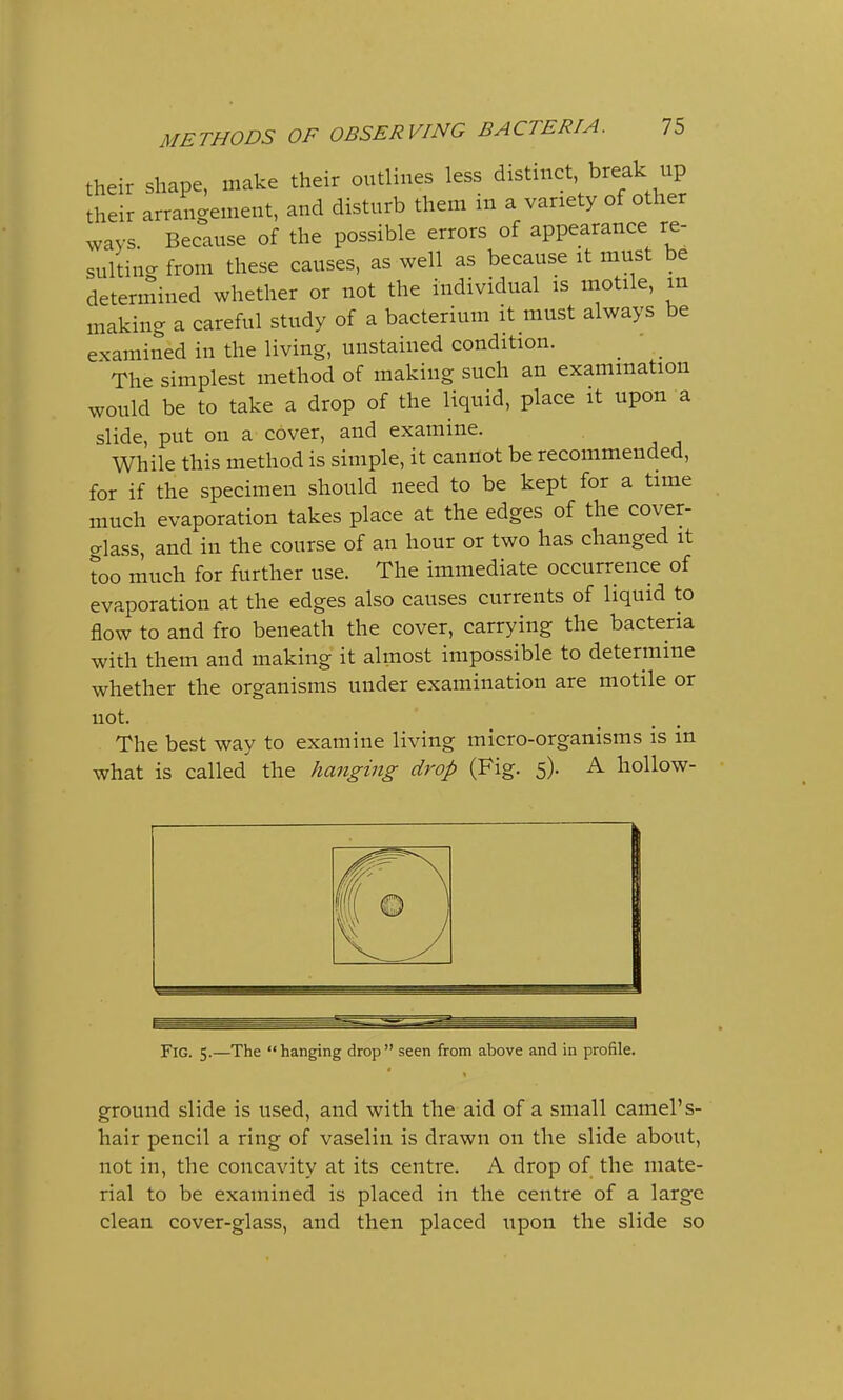 their shape, make their outlines less distinct break up their arrangement, and disturb them m a variety of other ways. Because of the possible errors of appearance re- sulting from these causes, as well as because it must be determined whether or not the individual is motile, m making a careful study of a bacterium it must always be examined in the living, unstained condition. The simplest method of making such an examination would be to take a drop of the liquid, place it upon a slide, put on a cover, and examine. While this method is simple, it cannot be recommended, for if the specimen should need to be kept for a time much evaporation takes place at the edges of the cover- crlass, and in the course of an hour or two has changed it too much for further use. The immediate occurrence of evaporation at the edges also causes currents of liquid to flow to and fro beneath the cover, carrying the bacteria with them and making it almost impossible to determine whether the organisms under examination are motile or not. The best way to examine living micro-organisms is in what is called the hanging drop (Fig. 5). A hollow- Fig. 5.—The hanging drop seen from above and in profile. ground slide is used, and with the aid of a small camel's- hair pencil a ring of vaselin is drawn on the slide about, not in, the concavity at its centre. A drop of the mate- rial to be examined is placed in the centre of a large clean cover-glass, and then placed upon the slide so