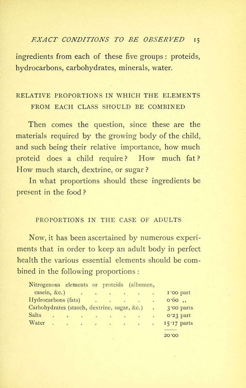 ingredients from each of these five groups : proteids, hydrocarbons, carbohydrates, minerals, water. RELATIVE PROPORTIONS IN WHICH THE ELEMENTS FROM EACH CLASS SHOULD BE COMBINED Then comes the question, since these are the materials required by the growing body of the child, and such being their relative importance, how much proteid does a child require? How much fat? How much starch, dextrine, or sugar ? In what proportions should these ingredients be present in the food ? PROPORTIONS IN THE CASE OF ADULTS Now, it has been ascertained by numerous experi- ments that in order to keep an adult body in perfect health the various essential elements should be com- bined in the following proportions : Nitrogenous elements or proteids (albumen, casein, &c.) ...... i 'oo part Hydrocarbons (fats) ..... o*6o ,, Carbohydrates (starch, dextrine, sugar, &c.) . 3*00 parts Salts . . . . . . . . 0-23 part Water I5'I7 parts 20-oo