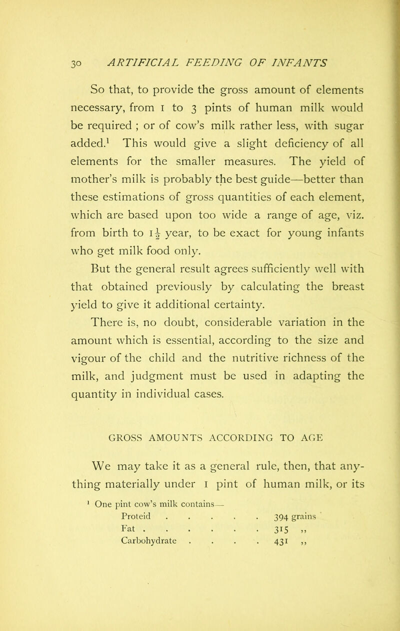 So that, to provide the gross amount of elements necessary, from i to 3 pints of human milk would be required ; or of cow's milk rather less, with sugar added.^ This would give a slight deficiency of all elements for the smaller measures. The yield of mother's milk is probably the best guide—better than these estimations of gross quantities of each element, which are based upon too wide a range of age, viz. from birth to \\ year, to be exact for young infants who get milk food only. But the general result agrees sufficiently well with that obtained previously by calculating the breast yield to give it additional certainty. There is, no doubt, considerable variation in the amount which is essential, according to the size and vigour of the child and the nutritive richness of the milk, and judgment must be used in adapting the quantity in individual cases. GROSS AMOUNTS ACCORDING TO AGE We may take it as a general rule, then, that any- thing materially under i pint of human milk, or its ' One pint cow's milk contains— Proteid Fat . 394 grams 315 431 Carbohydrate