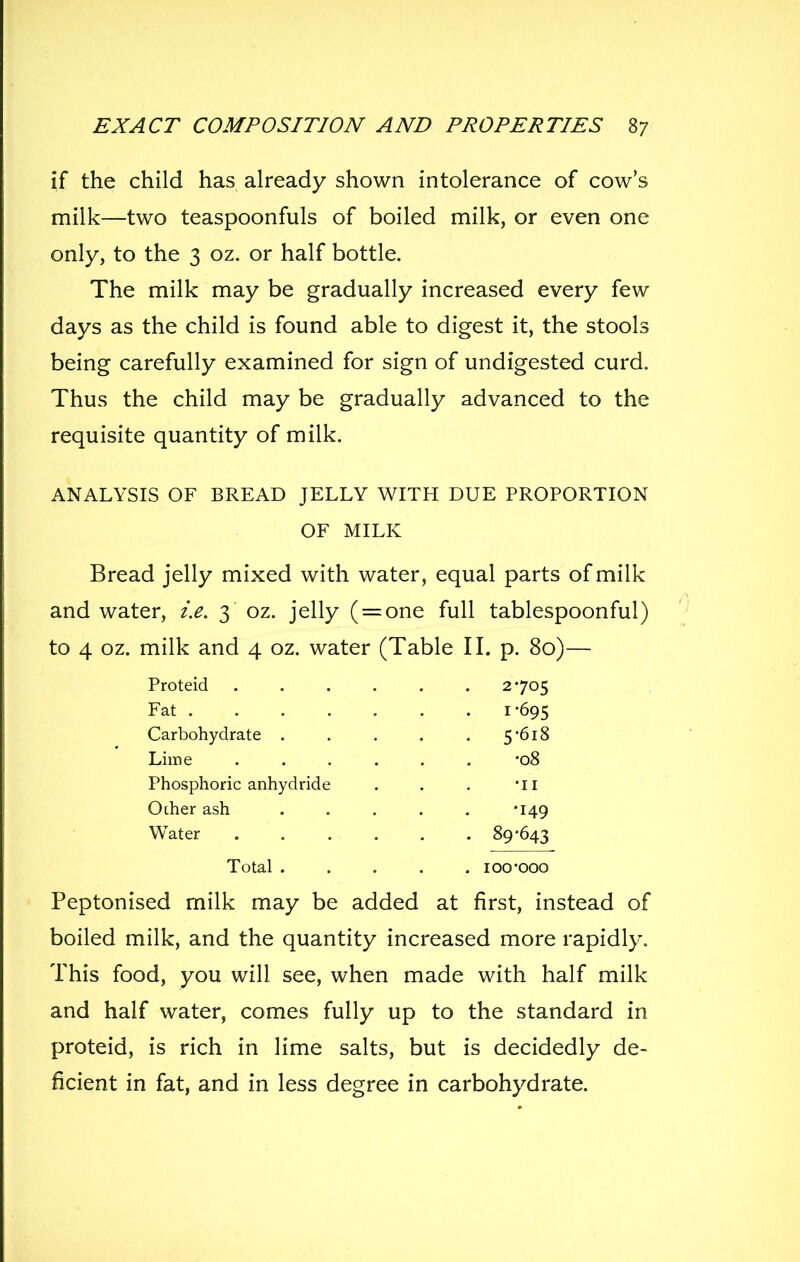 if the child has already shown intolerance of cow's milk—two teaspoonfuls of boiled milk, or even one only, to the 3 oz. or half bottle. The milk may be gradually increased every few days as the child is found able to digest it, the stools being carefully examined for sign of undigested curd. Thus the child may be gradually advanced to the requisite quantity of milk. ANALYSIS OF BREAD JELLY WITH DUE PROPORTION OF MILK Bread jelly mixed with water, equal parts of milk and water, i.e. 3 oz. jelly ( = one full tablespoonful) to 4 oz. milk and 4 oz. water (Table II. p. 80)— Proteid 2705 Fat 1-695 Carbohydrate . . . . . 5 618 Lime -08 Phosphoric anhydride . . . 'ii Ocher ash -149 Water 89-643 Total 100-000 Peptonised milk may be added at first, instead of boiled milk, and the quantity increased more rapidly. This food, you will see, when made with half milk and half water, comes fully up to the standard in proteid, is rich in lime salts, but is decidedly de- ficient in fat, and in less degree in carbohydrate.