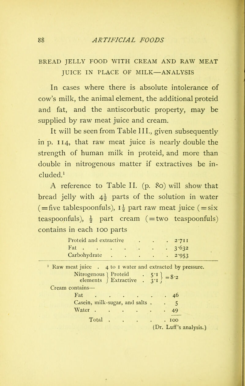 BREAD JELLY FOOD WITH CREAM AND RAW MEAT JUICE IN PLACE OF MILK—ANALYSIS In cases where there is absolute intolerance of cow's milk, the animal element, the additional proteid and fat, and the antiscorbutic property, may be supplied by raw meat juice and cream. It will be seen from Table III., given subsequently in p. 114, that raw meat juice is nearly double the strength of human milk in proteid, and more than double in nitrogenous matter if extractives be in- cluded.^ A reference to Table II. (p. 80) will show that bread jelly with 4^ parts of the solution in water ( = five tablespoonfuls), part raw meat juice ( = six teaspoonfuls), \ part cream (=:two teaspoonfuls) contains in each 100 parts Raw meat juice . 4 to i water and extracted by pressure. Nitrogenous 1 Proteid . 5'il _g.2 elements J Extractive . 3*i j Cream contains— Proteid and extractive Fat . 2711 3-632 2-953 Carbohydrate Casein, milk-sugar, and salts . Water Fat 46 5 49 Total . 100 (Dr. Luff's analysis.)